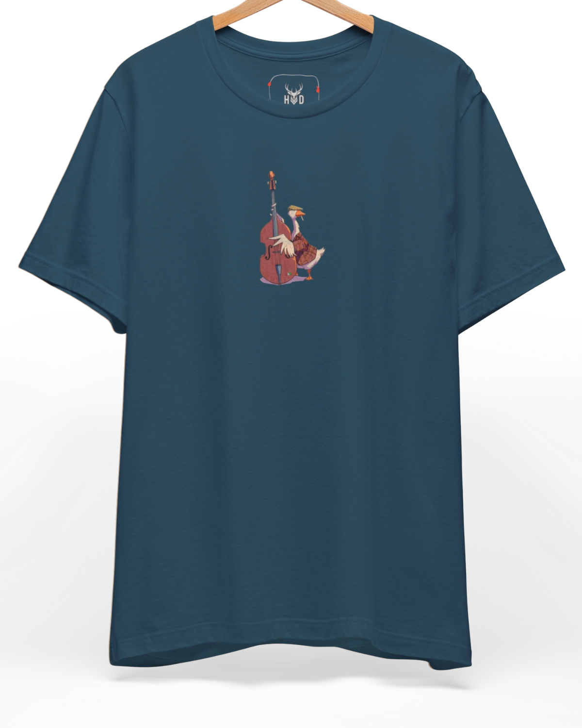Premium Musician Goose Top displaying a high-detail double bass tee layout and retro jazz vibe concept on a deep teal top fabric, designed by Holydeer Clothing.
