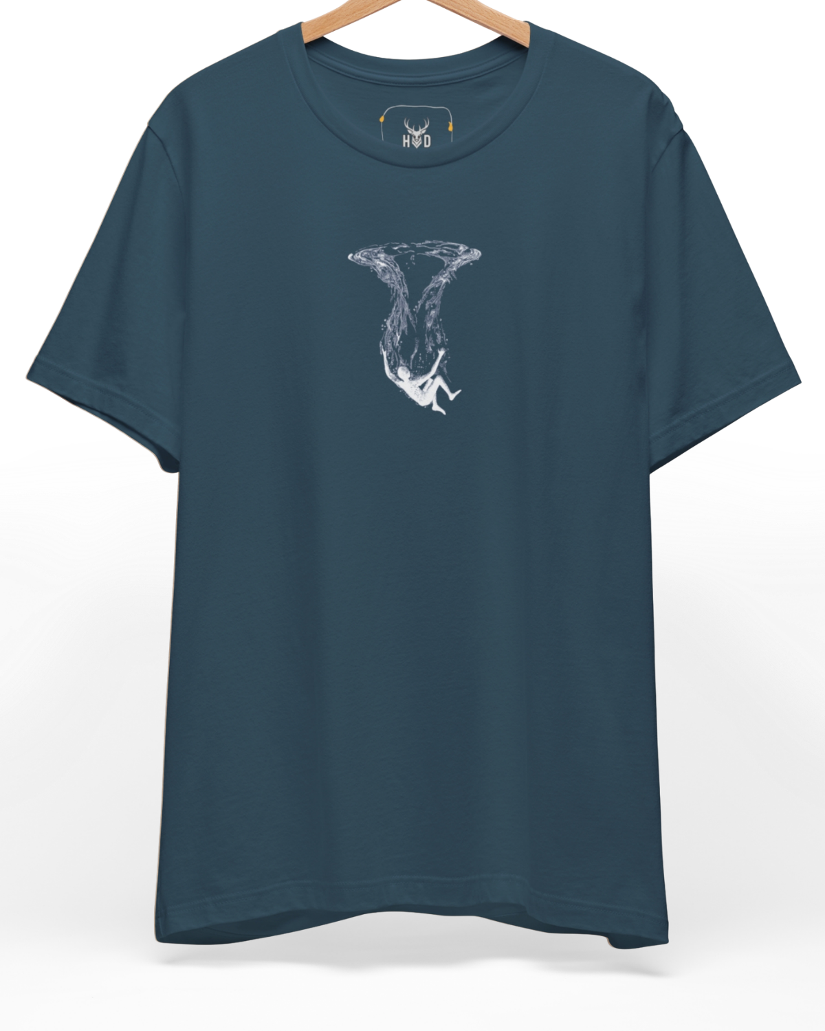 Front perspective of the deep-design-style-apparel-modern-surreal-drowning-top-holydeer-drop.jpg garment showing the white minimalist print on a premium teal Holydeer shirt.