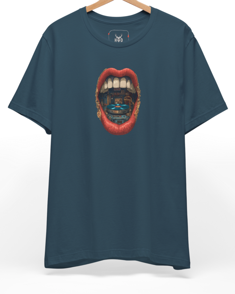 Premium Vinyl Record Tee displaying a detailed surreal music top artwork with a retro turntable inside a mouth, designed by Holydeer Clothing for audiophile shirt collectors and edgy DJ culture apparel fans.