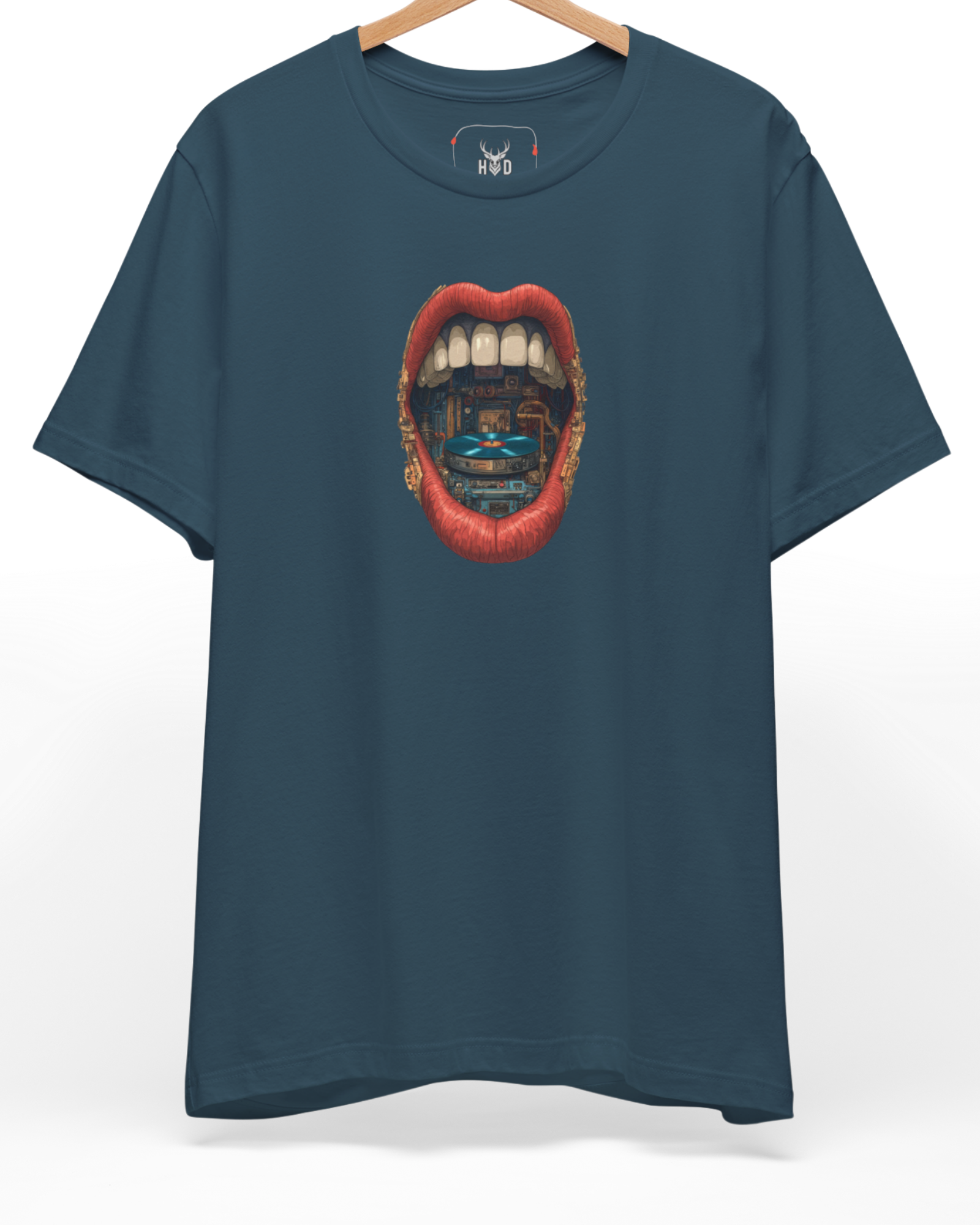 Premium Vinyl Record Tee displaying a detailed surreal music top artwork with a retro turntable inside a mouth, designed by Holydeer Clothing for audiophile shirt collectors and edgy DJ culture apparel fans.