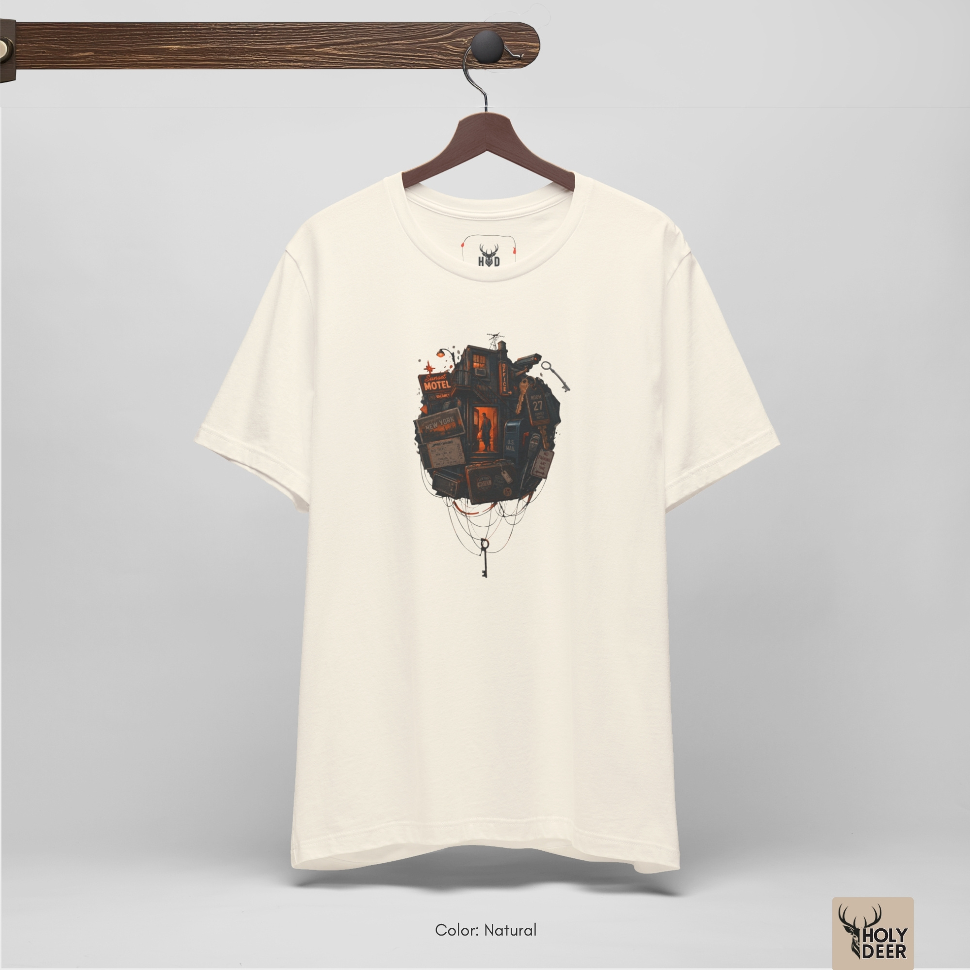 Angled perspective of the Cyberpunk Tee graphic showing the sunset motel design, a dark future shirt layout, and the holydeer.com signature aesthetic that beats any standard dystopian scifi top.