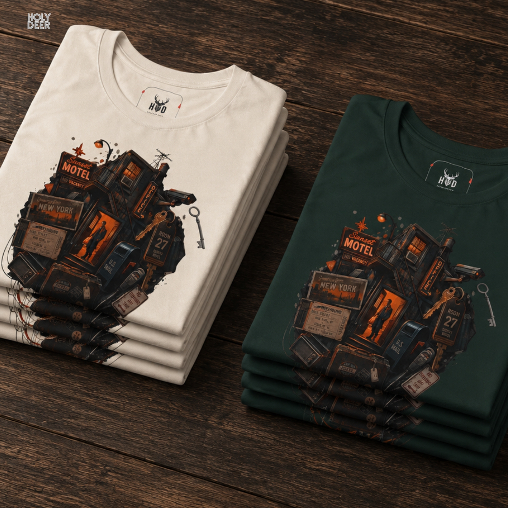 Studio flat lay of the Cyberpunk Tee by Holydeer Apparel, displayed alongside high-quality futuristic graphic elements, retro cyberpunk art vibes, and premium cyber noir t-shirt branding tags.