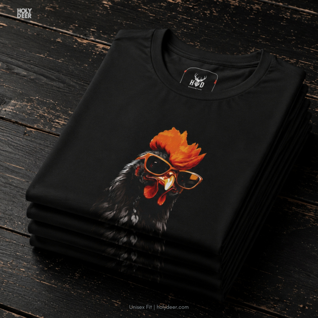 Macro view of the Cool Rooster Tee print showcasing intricate vibrant red crest textures, sleek orange sunglasses details, and the raw artistic rendering crafted exclusively by Holydeer Streetwear.