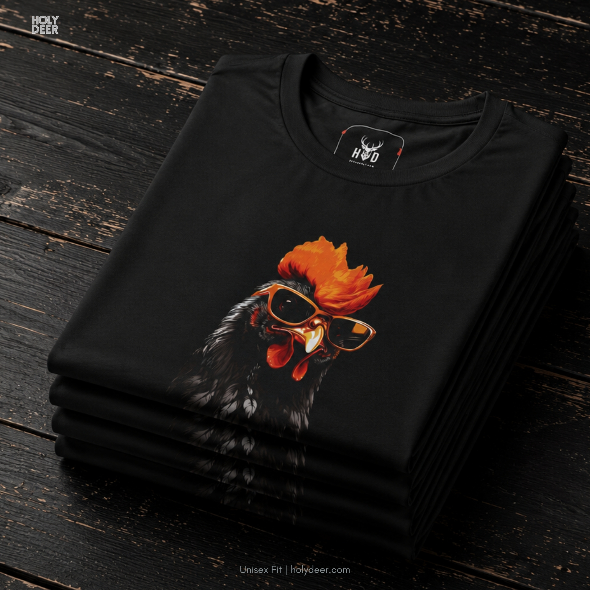 Macro view of the Cool Rooster Tee print showcasing intricate vibrant red crest textures, sleek orange sunglasses details, and the raw artistic rendering crafted exclusively by Holydeer Streetwear.