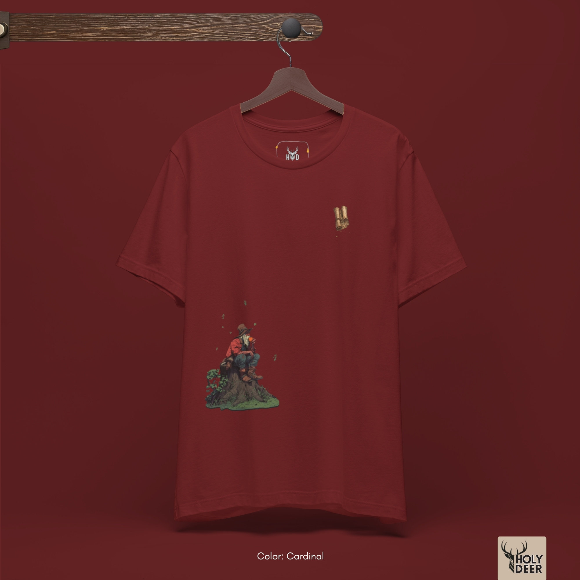 The iconic Aesthetic Fantasy Storyteller Tee hanging cleanly on a luxury wood hanger, highlighting the robust neckline structure, asymmetric split-graphic flow, and the official holydeer.com retail tags.
