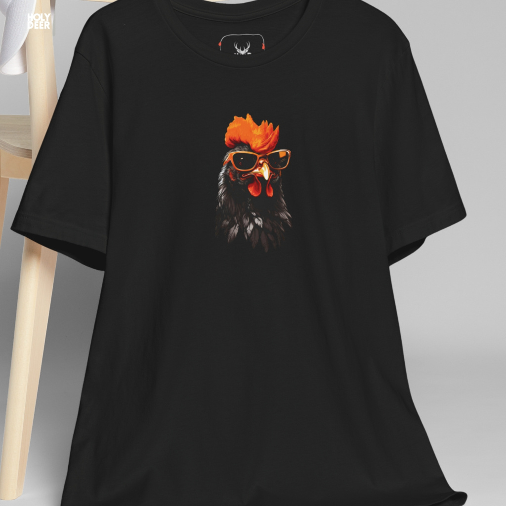 Urban lifestyle model wearing the bold Cool Rooster Tee from Holydeer Clothing, standing as a high-end badass rooster top statement matching elite aesthetic rooster styles.