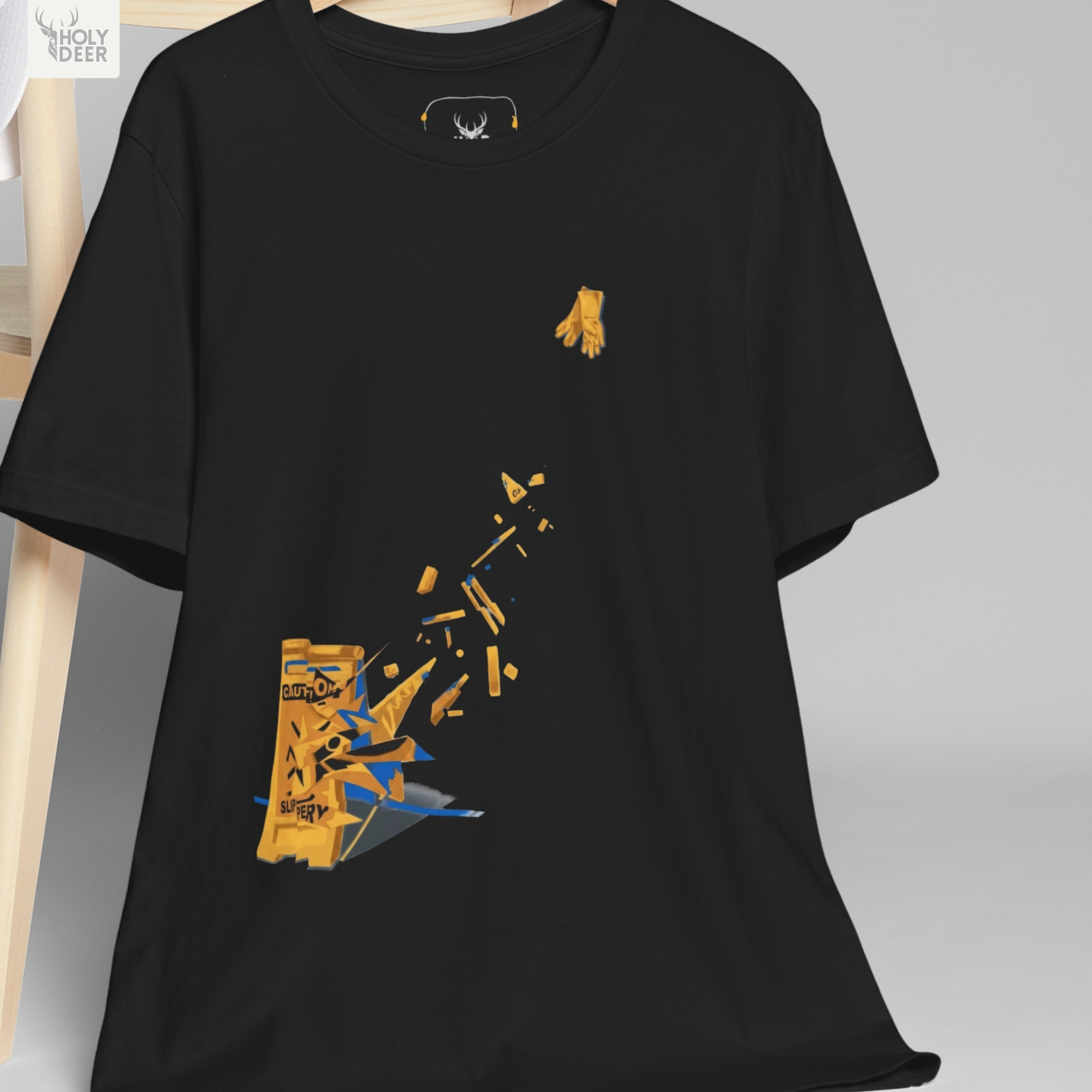 Urban lifestyle model wearing the off-centered Caution Sign Tee from Holydeer Clothing, standing as a high-end streetwear art top statement matching elite pop art apparel styles.