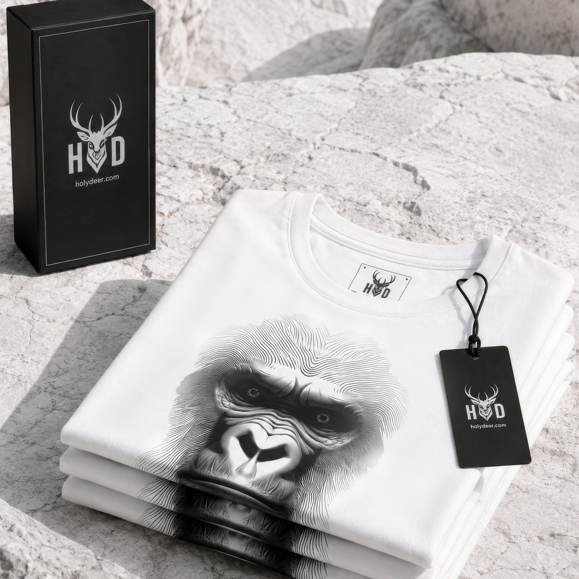Macro view of the Gorilla Graphic Tee print showcasing intricate ink shading on the intense silverback eyes, detailed nasal wrinkles, and perfectly symmetrical line art silhouette wave vectors crafted exclusively by Holydeer Streetwear.