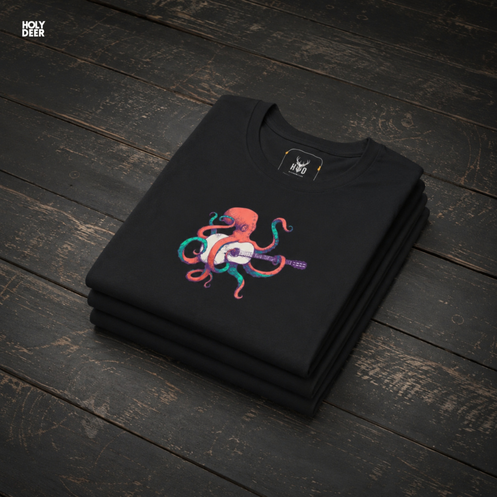 A candid arts district outdoor lifestyle photo featuring a creator wearing the official Indie Musician Tee by Holydeer Clothing, blending seamlessly into raw quirky streetwear and dynamic creative artist wear settings.