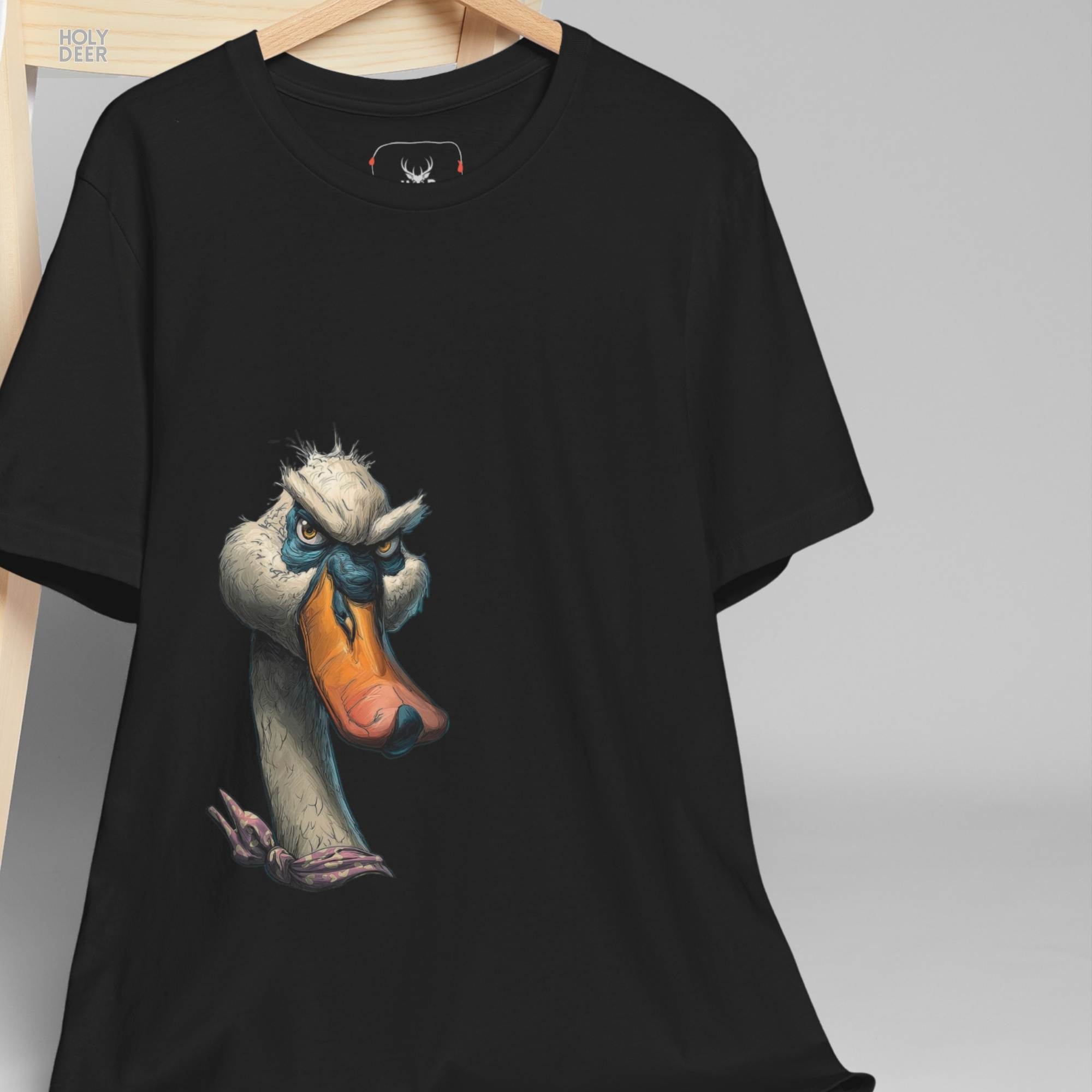 Urban lifestyle model wearing the off-centered Grumpy Duck Shirt from Holydeer Clothing, standing as a high-end indie designer top statement matching elite aesthetic animal tee styles.