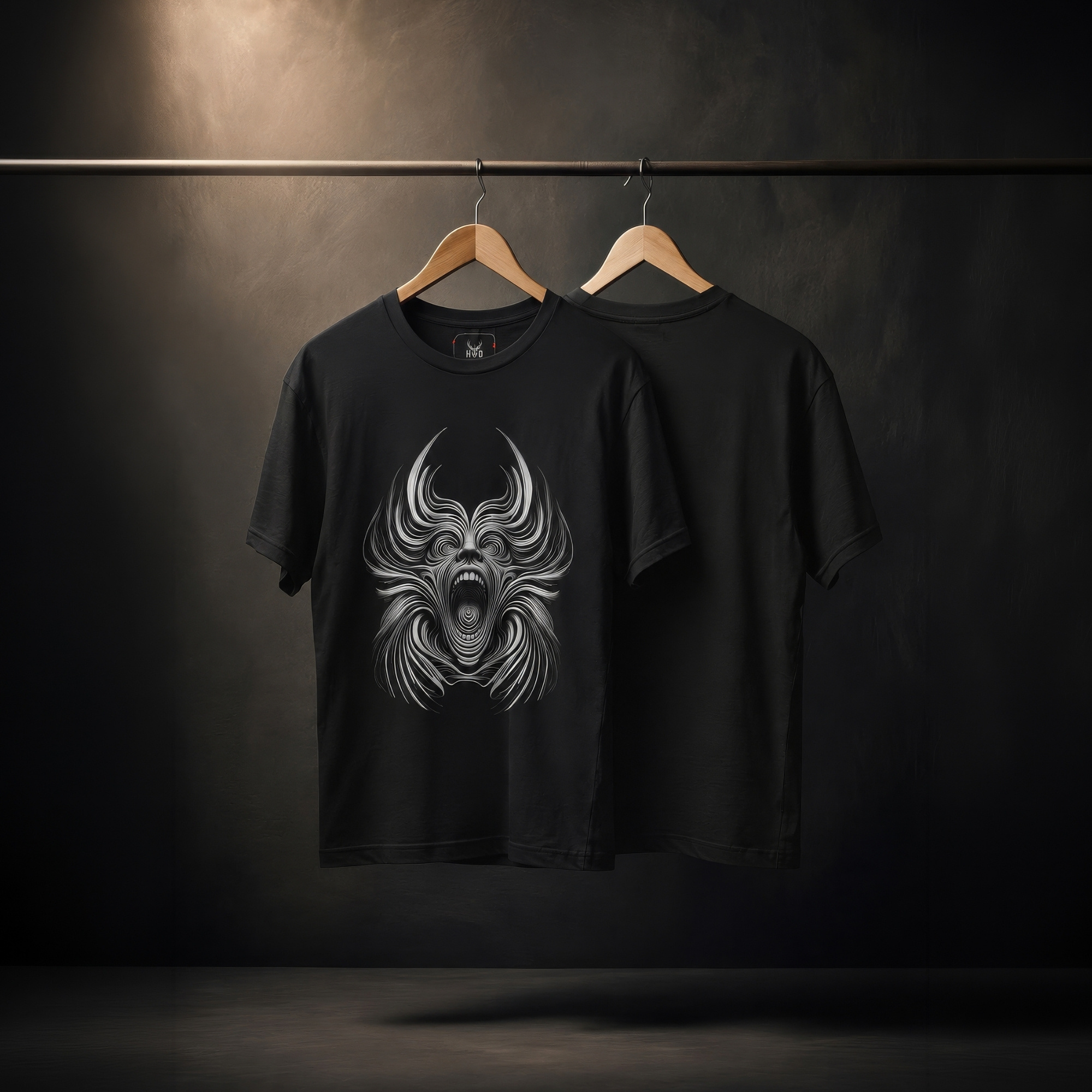 Dark shadow studio backdrop framing the unique Dark Psychedelic Tee by Holydeer Streetwear, magnifying the clean centered graphic placement and premium hypnotic optical art presentation.