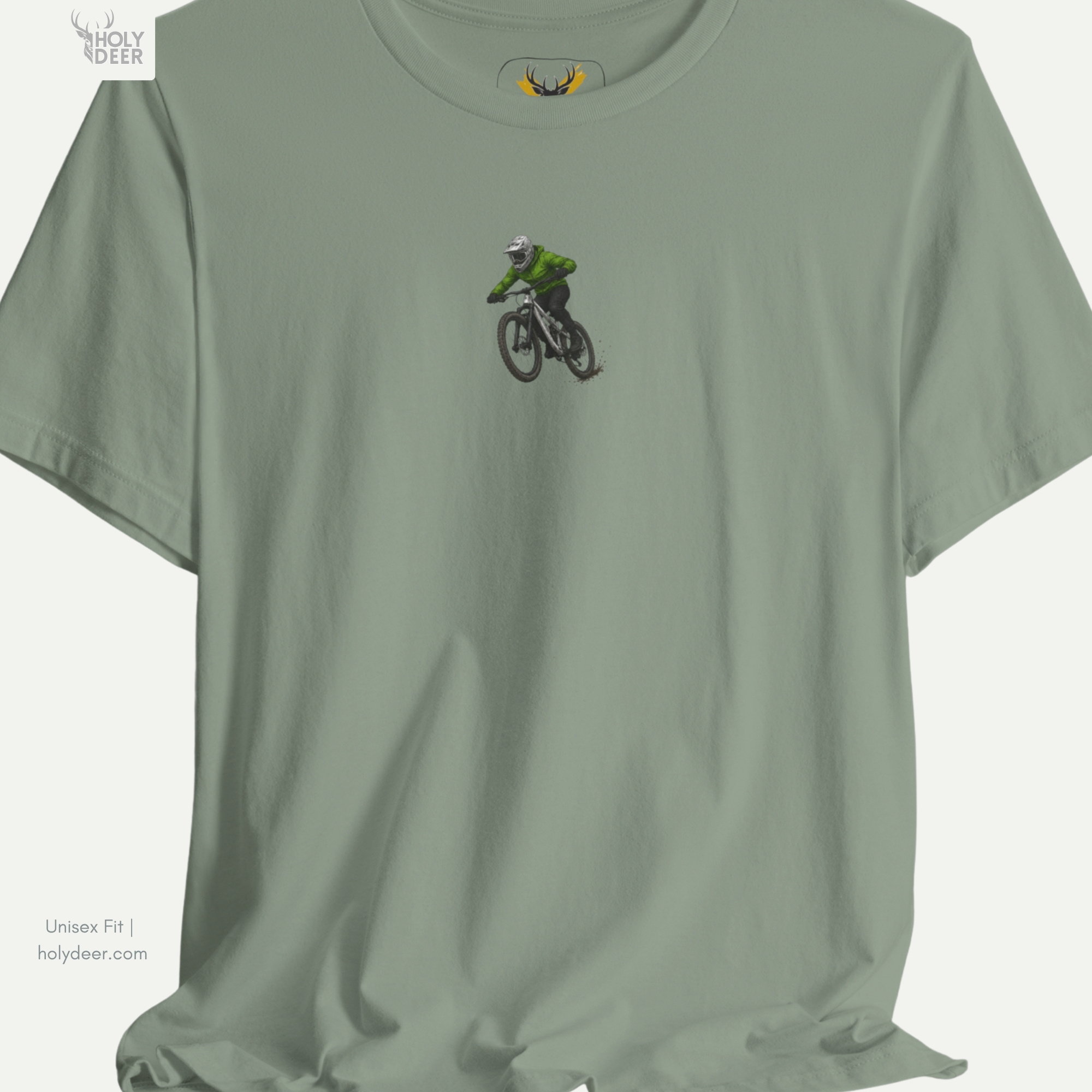 Commercial studio catalog frame of the independent cyclist gift shirt piece hanging under focused spot lights to track authentic material behavior.