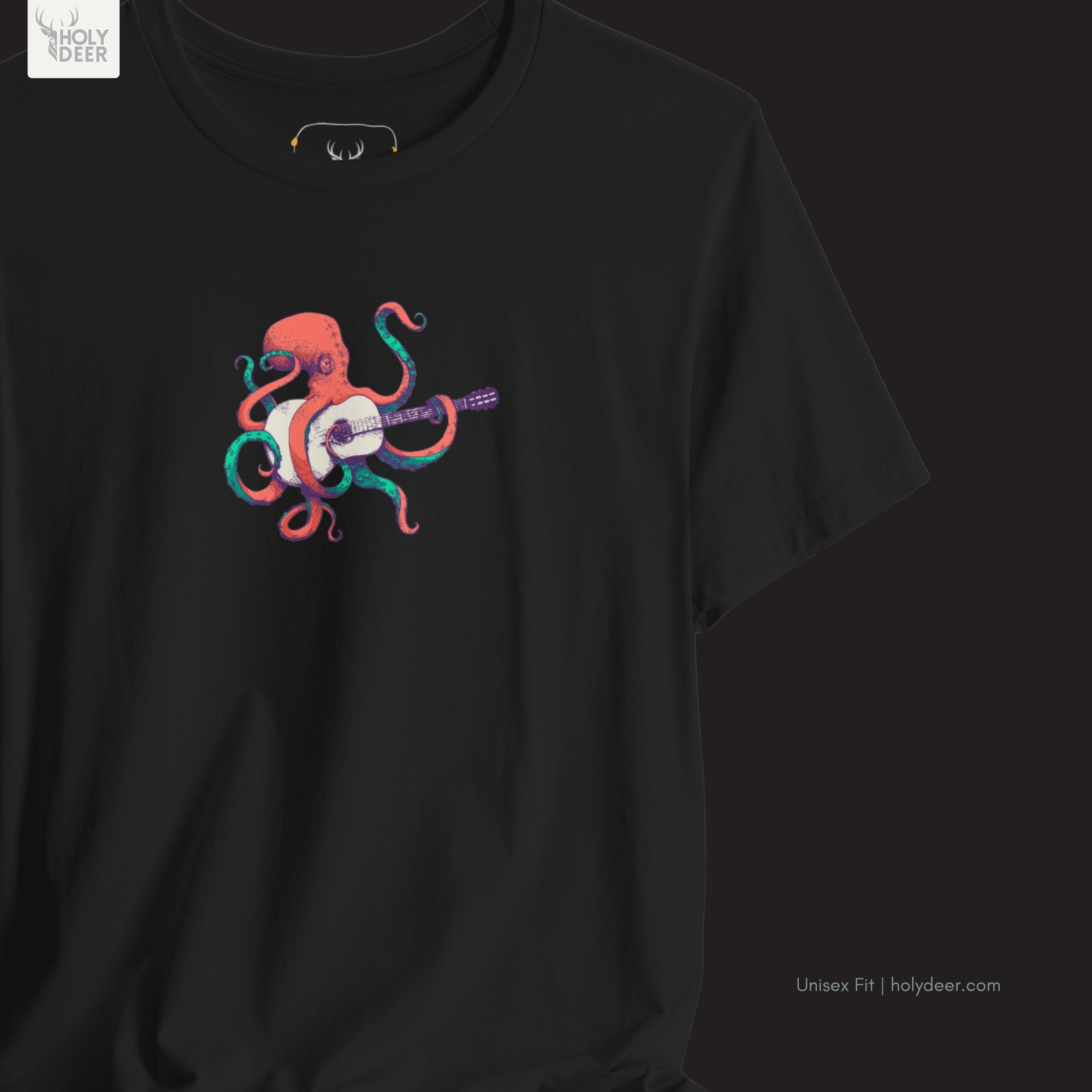 Minimalist dark backdrop focusing heavily on the standalone frame of the Indie Musician Tee by Holydeer, proving it acts as a unique wearable art piece and an essential cute octopus art collectible.