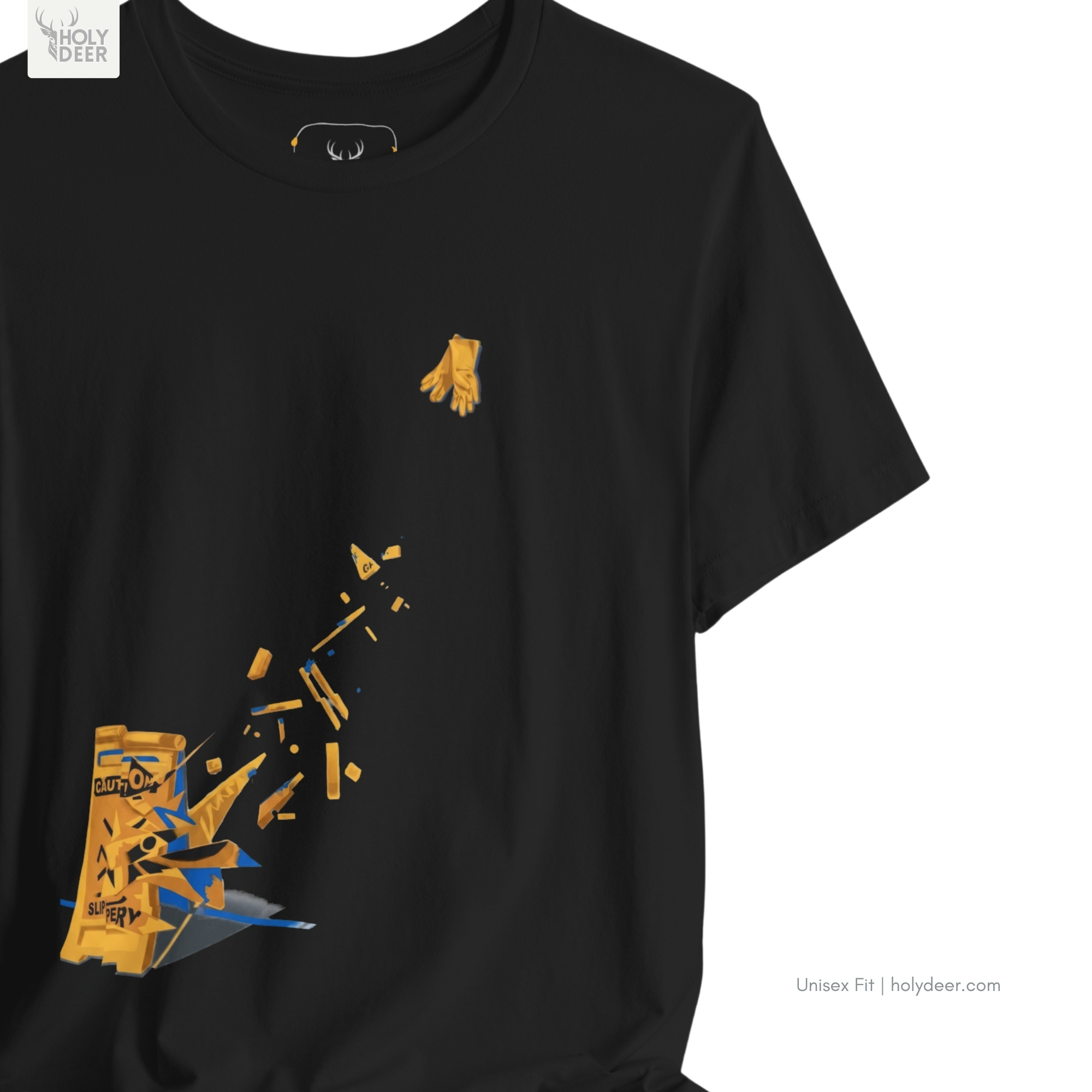 Macro view of the Caution Sign Tee print showcasing intricate shattered yellow hazard tee textures, flying glove details, and the raw pop art apparel rendering crafted exclusively by Holydeer Streetwear.