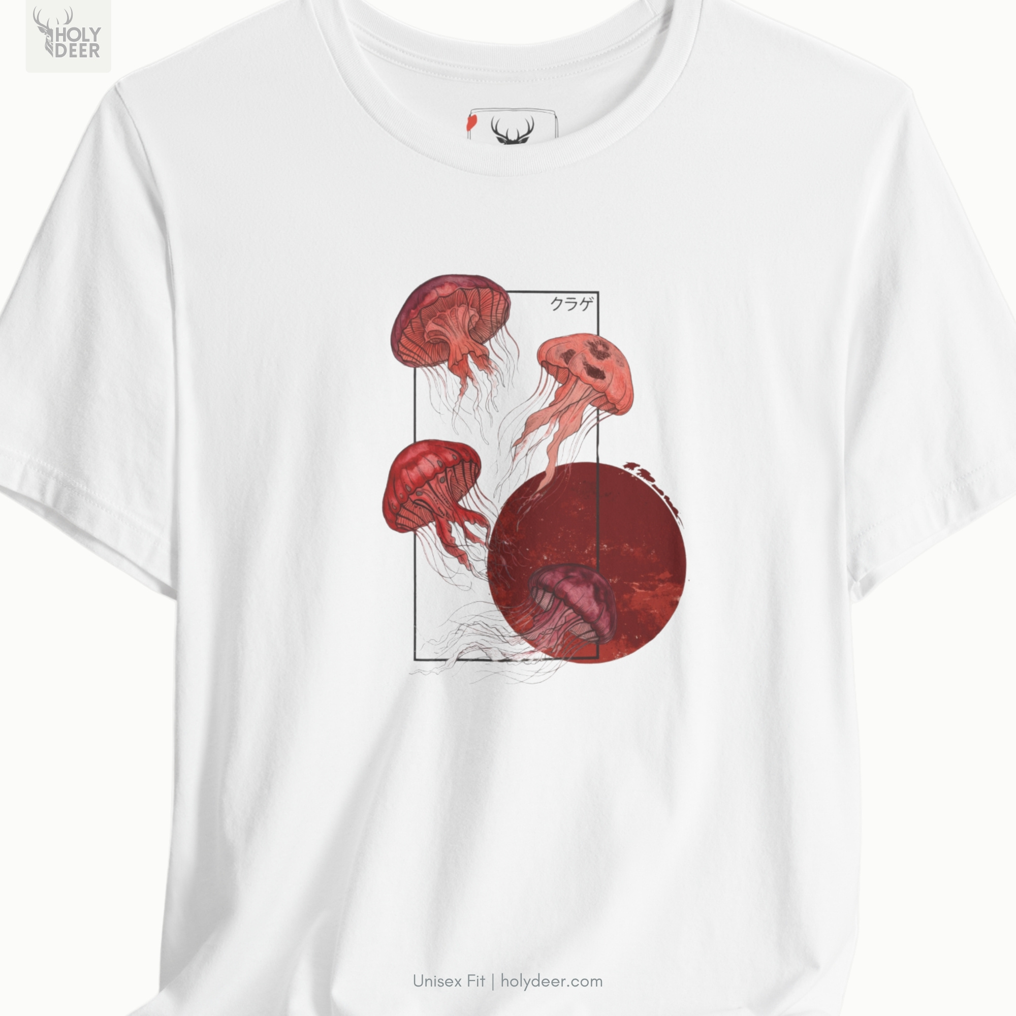 Macro view of the Jellyfish T-Shirt print showcasing intricate ink line art on the fine drifting tentacles, distressed sun disk textures, and minimalist border markers crafted exclusively by Holydeer Streetwear.