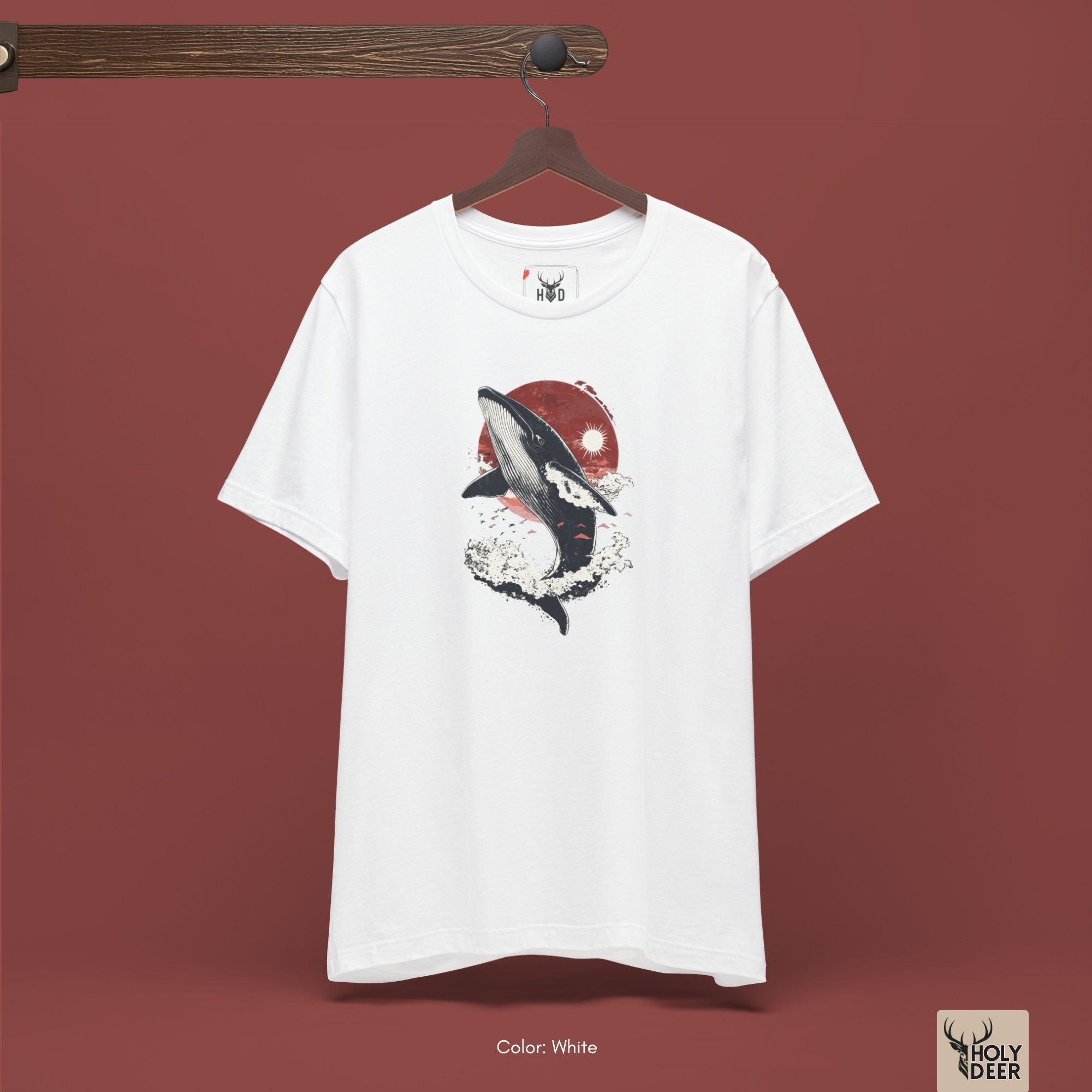 Soft dramatic shadow studio ray backdrop framing the unique Kanagawa Wave Tee by Holydeer Streetwear, magnifying the clean centered rising sun graphic placement and premium cream graphic tee presentation.