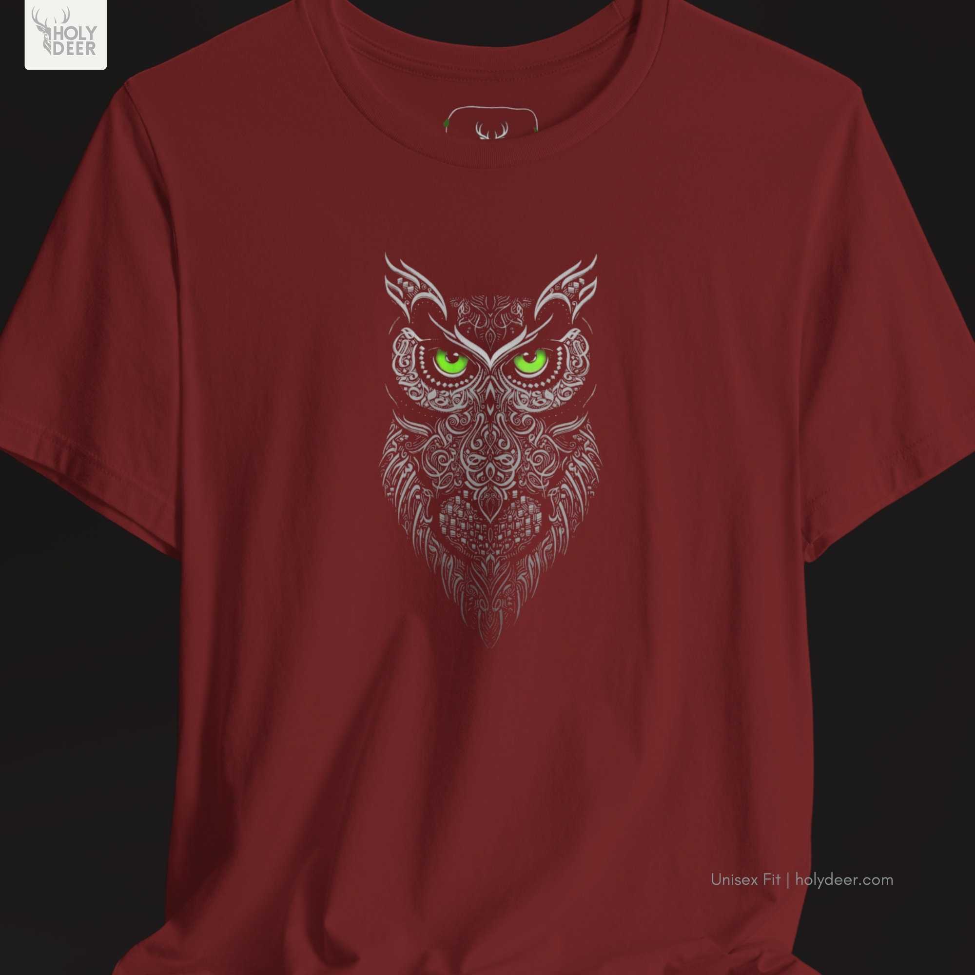 Technical close-up highlighting the sweeping flame-like feather paths, layered overlock crest points, and fine geometric symmetry forming the peak of the owl line art print.