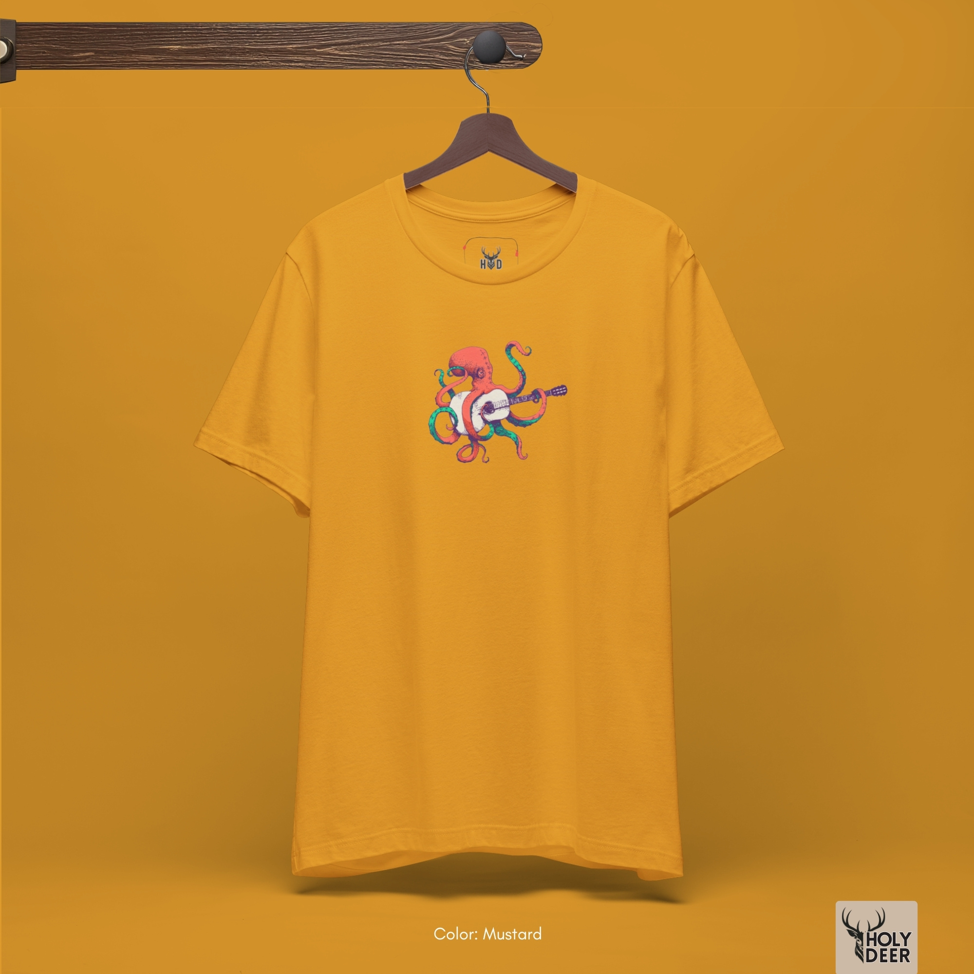 The iconic Indie Musician Tee hanging cleanly on a luxury wood hanger, highlighting the robust neckline structure, crisp centered graphic flow, and the official holydeer.com retail tags.