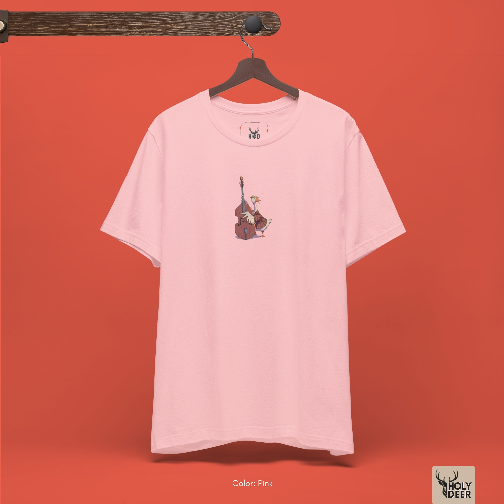 Angled perspective of the premium screen-printed Musician Goose Top, detailing the thick paint feel of the kasket hat and plucked double bass strings, centered placement, and the signature holydeer tee high-contrast design.