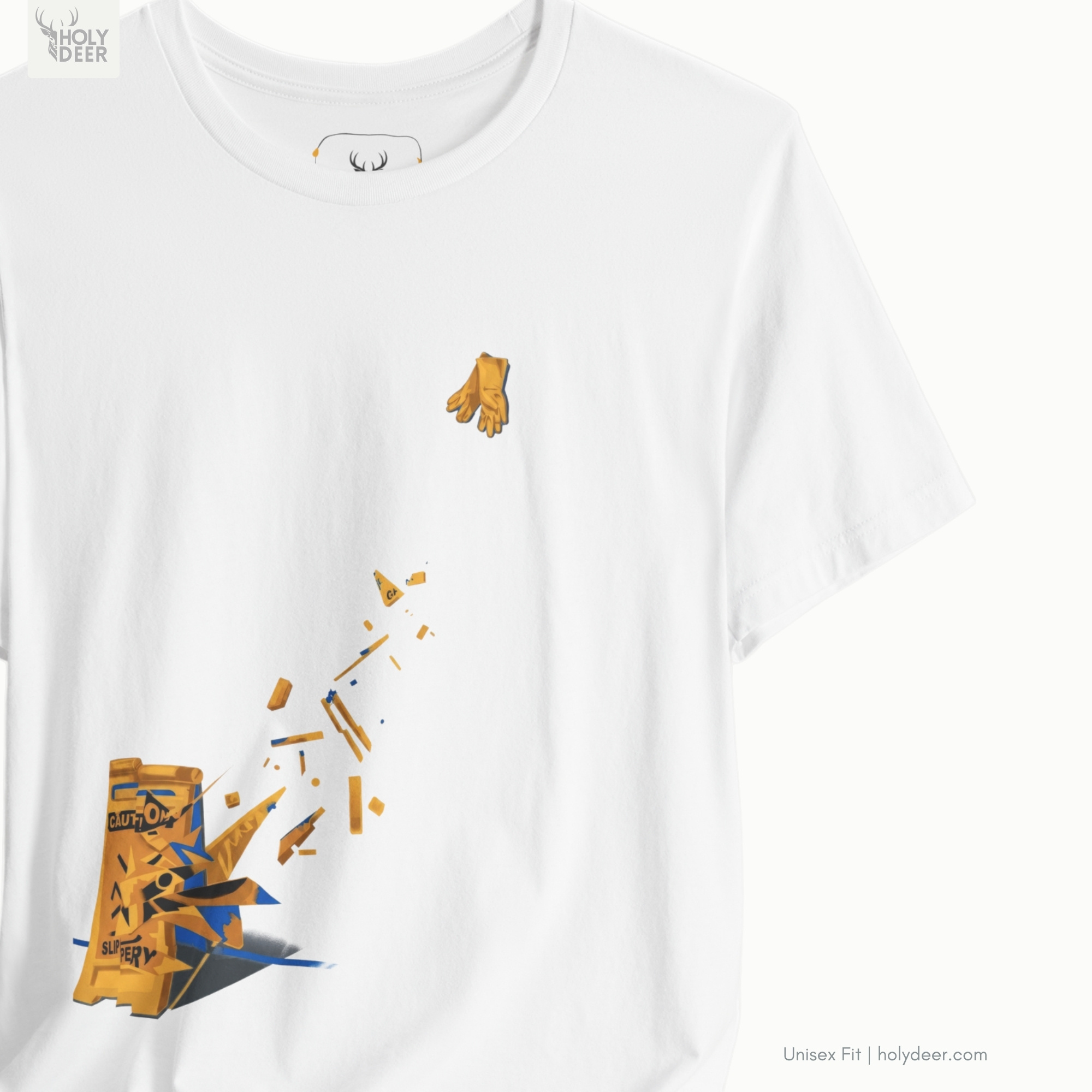 Macro view of the shattered caution warning text embedded in the Caution Sign Tee artwork, showing the line-art depth that separates this holydeer tee from generic garments.