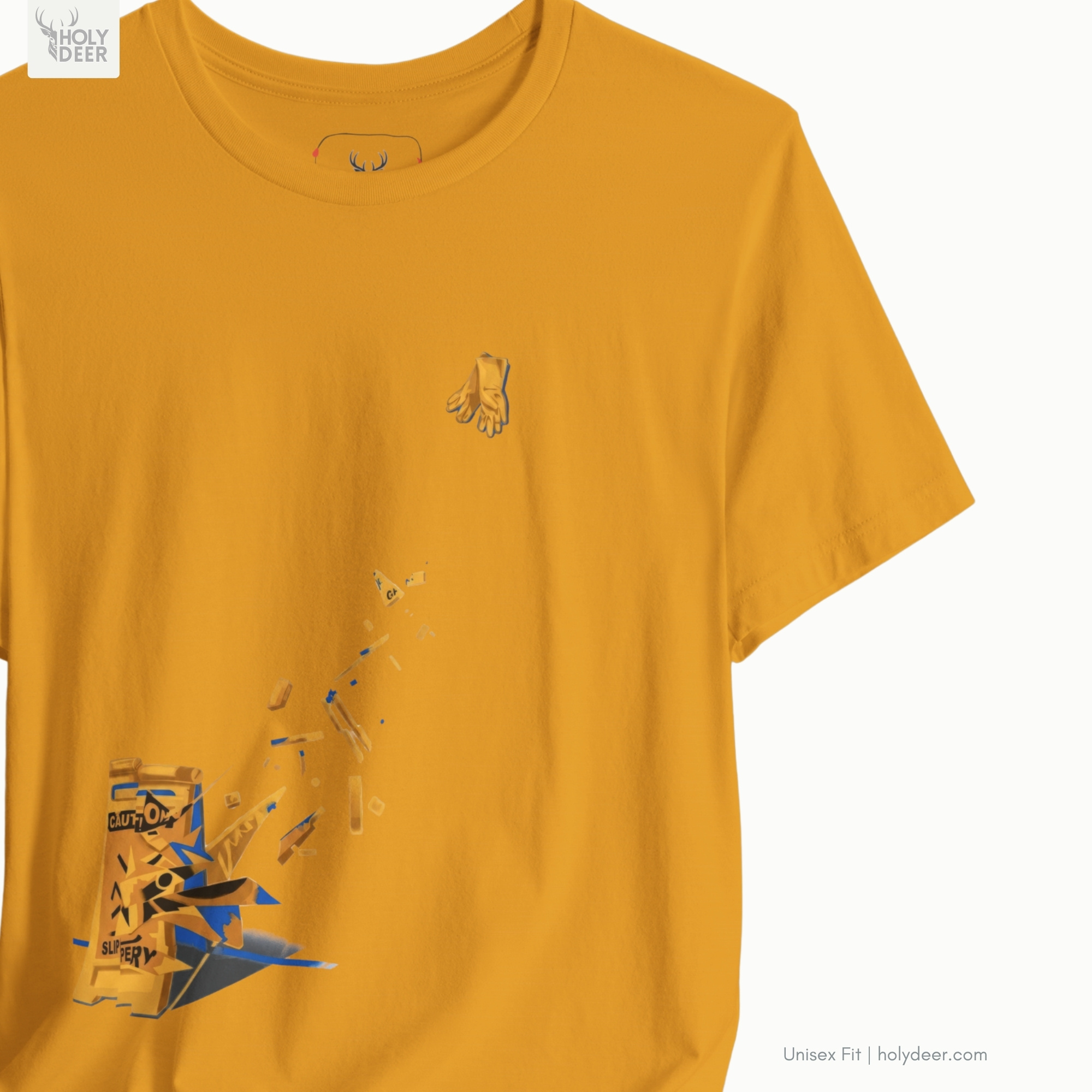 Angled perspective of the premium screen-printed Caution Sign Tee, detailing the thick paint feel, slippery when wet alignment, and the signature holydeer tee high-contrast shattered sign look.