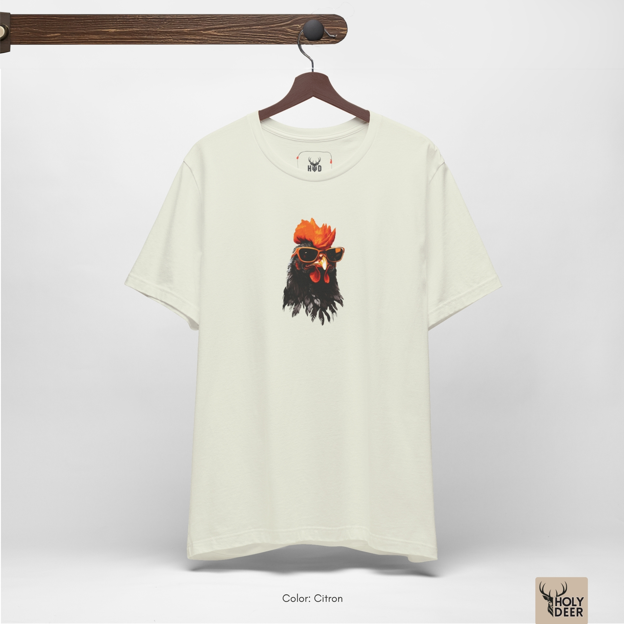 A candid outdoor lifestyle photo featuring a model wearing the official Cool Rooster Tee by Holydeer Clothing, blending seamlessly into raw streetwear animal and dynamic aesthetic rooster environments.