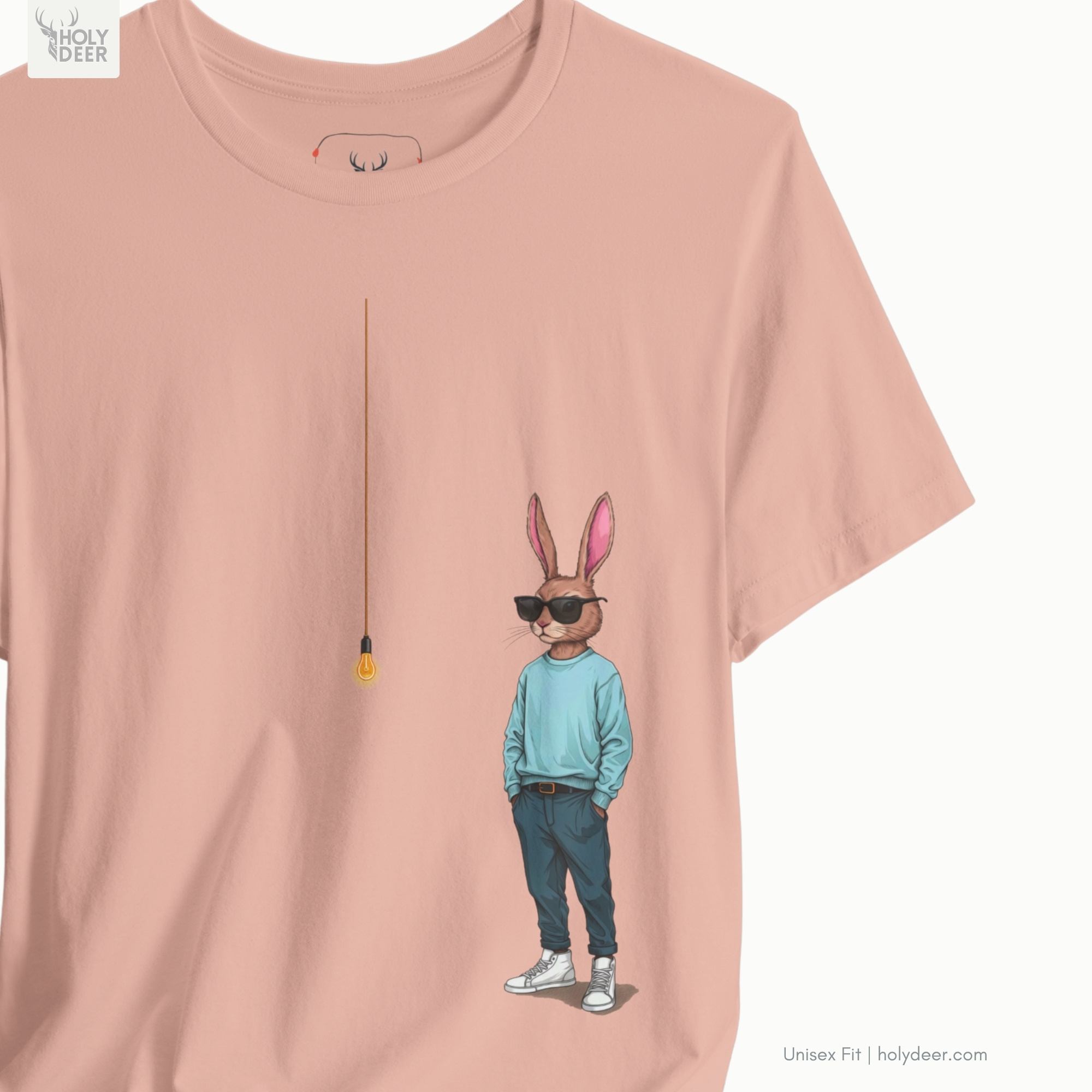 Minimalist deep teal backdrop focusing heavily on the standalone frame of the Cool Rabbit Shirt by Holydeer, proving it acts as a unique wearable art piece and an essential lofi aesthetic collectible.