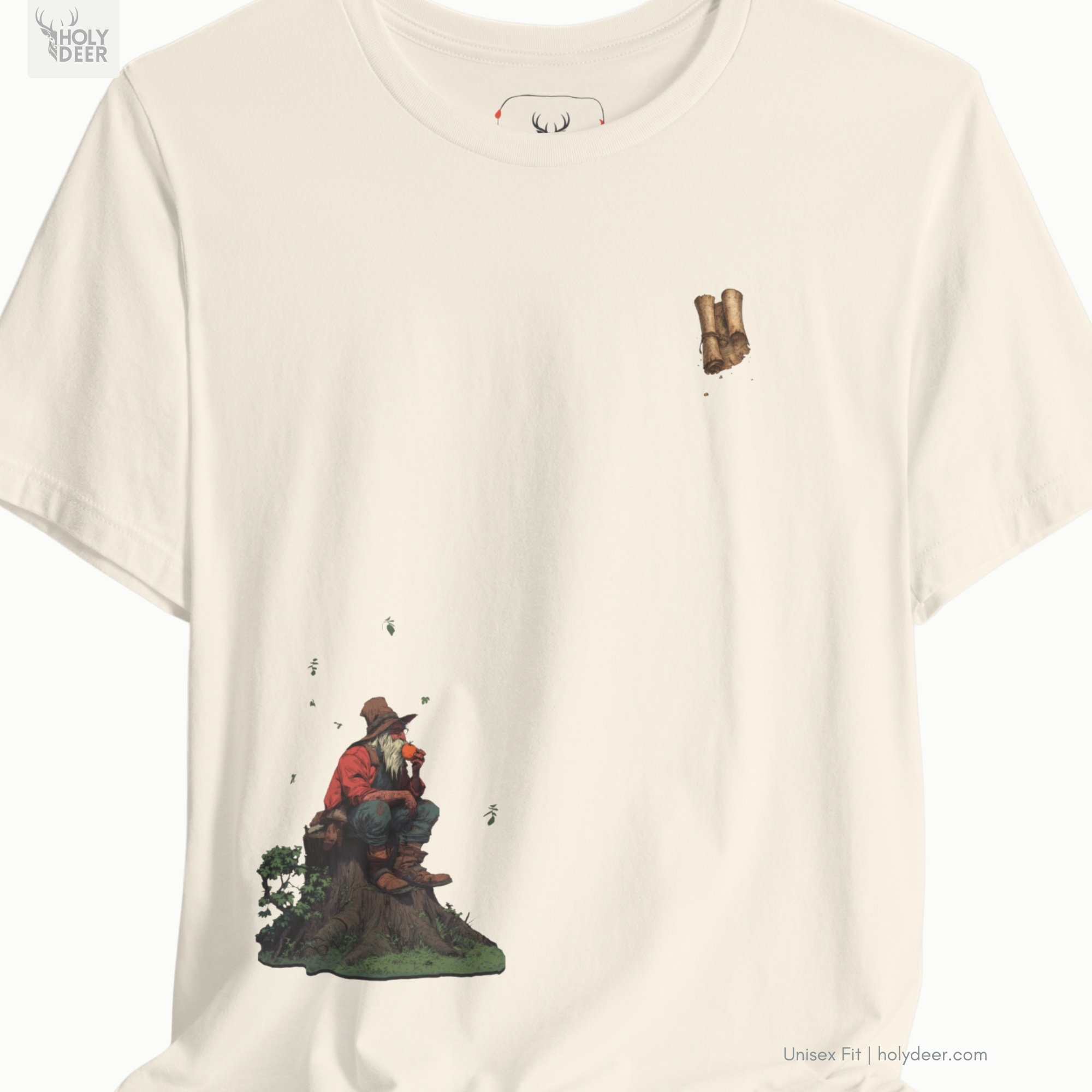 Minimalist cream backdrop focusing heavily on the standalone silhouette of the Aesthetic Fantasy Storyteller Tee by Holydeer, proving it acts as a unique artist gift and an essential wanderer shirt piece.