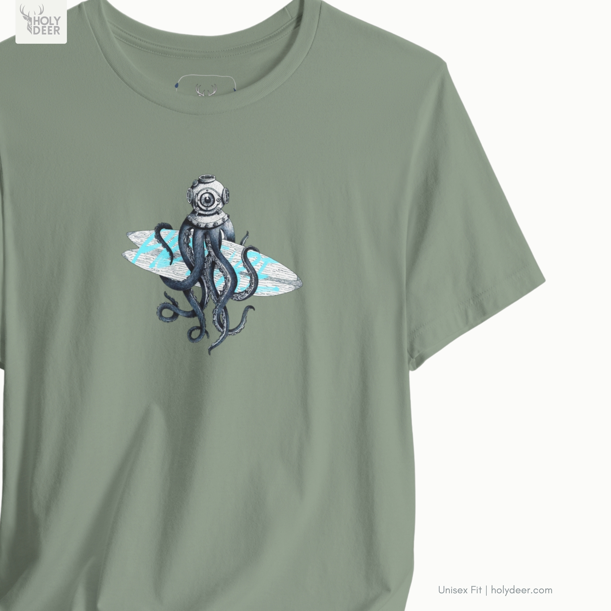 The iconic Diver Octopus Shirt hanging cleanly on a luxury wood hanger, highlighting the robust neckline structure, surfboard graphic flow, and the official holydeer.com retail tags.