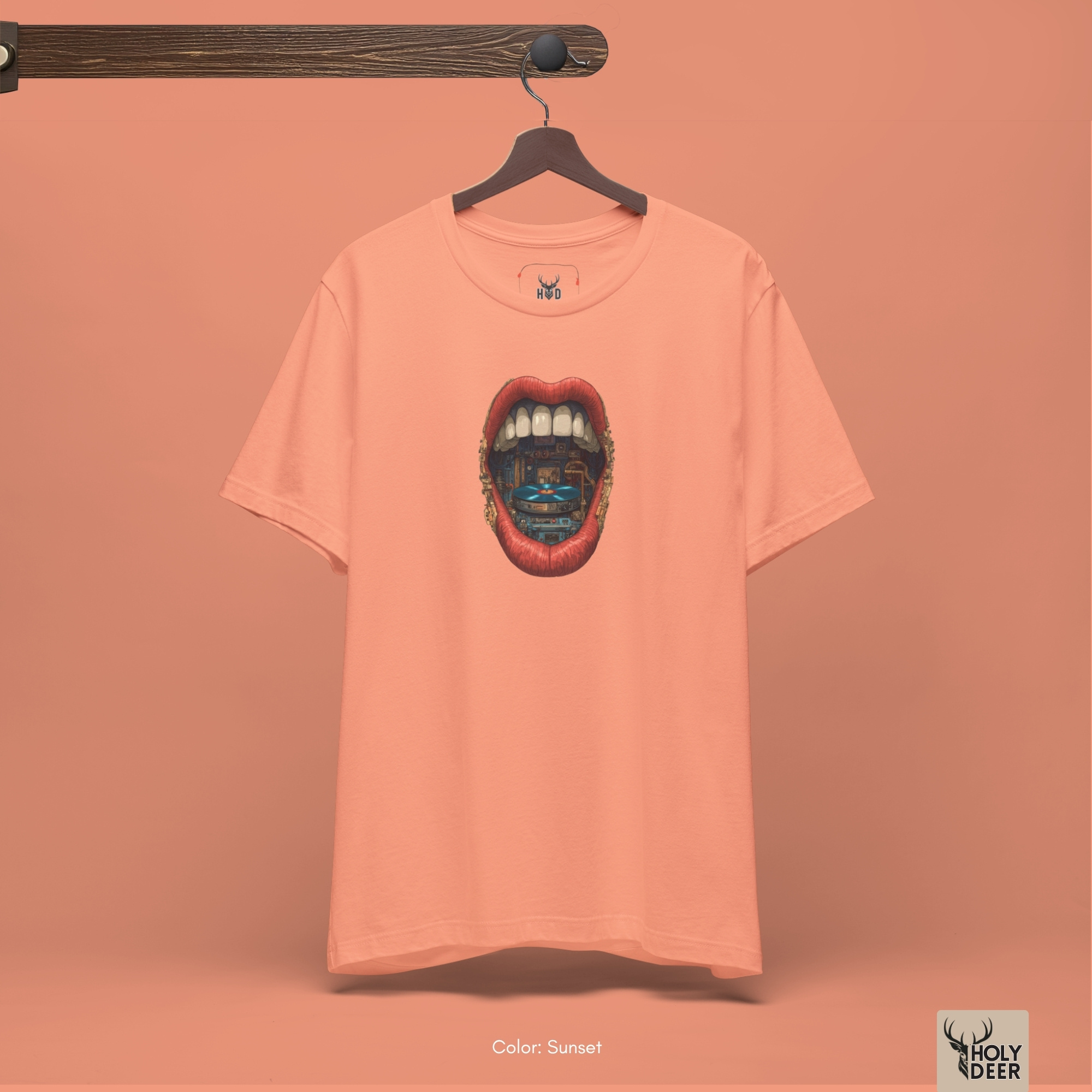 Stylized studio lighting framing the unique Vinyl Record Tee by Holydeer Streetwear, magnifying the teal graphic tee base tones and the absolute masterclass weird art t-shirt layout.
