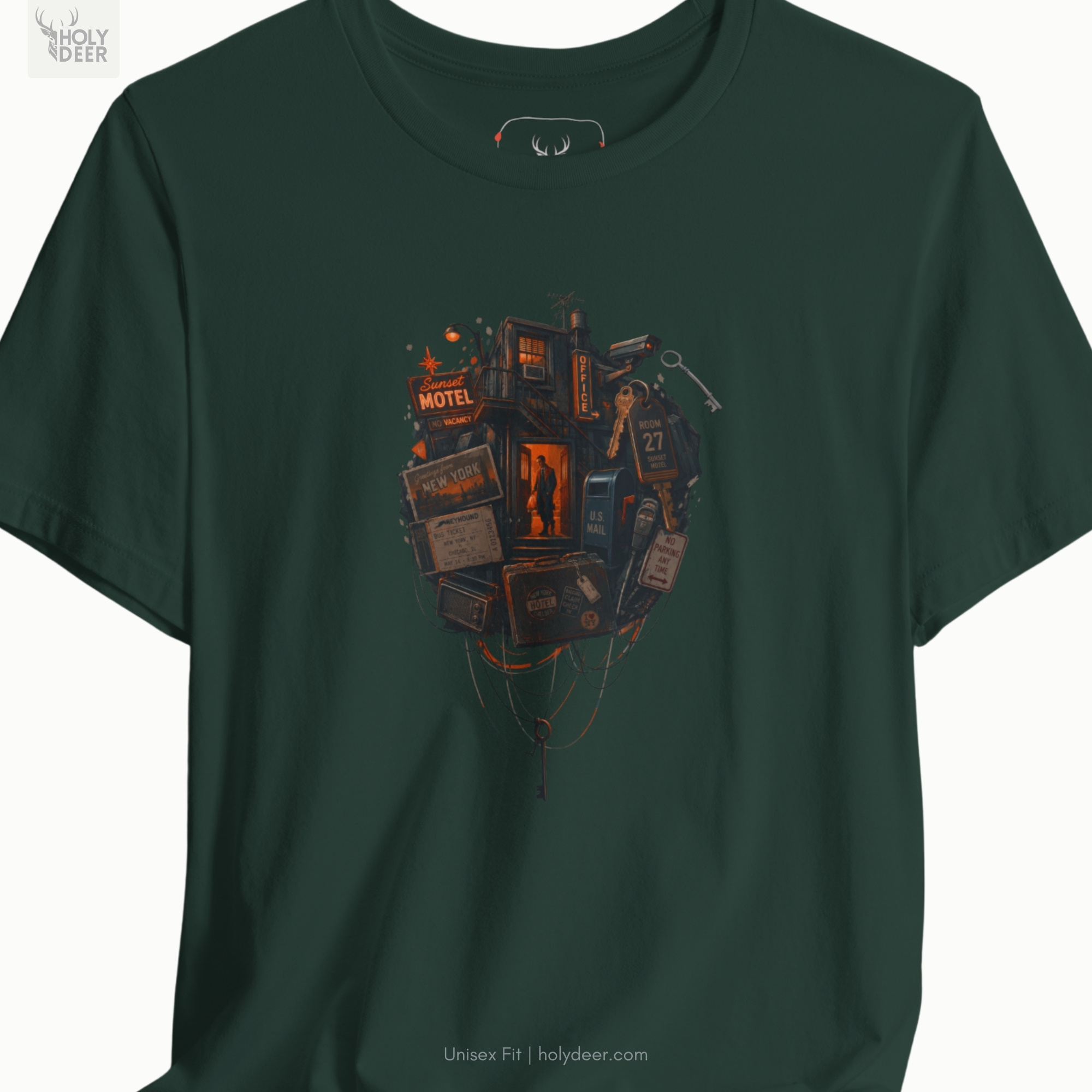 Macro view of the Sunset Motel text integrated within the Cyberpunk Tee artwork, emphasizing the retro cyberpunk art direction and holydeer tee premium line-art drawing complexity.