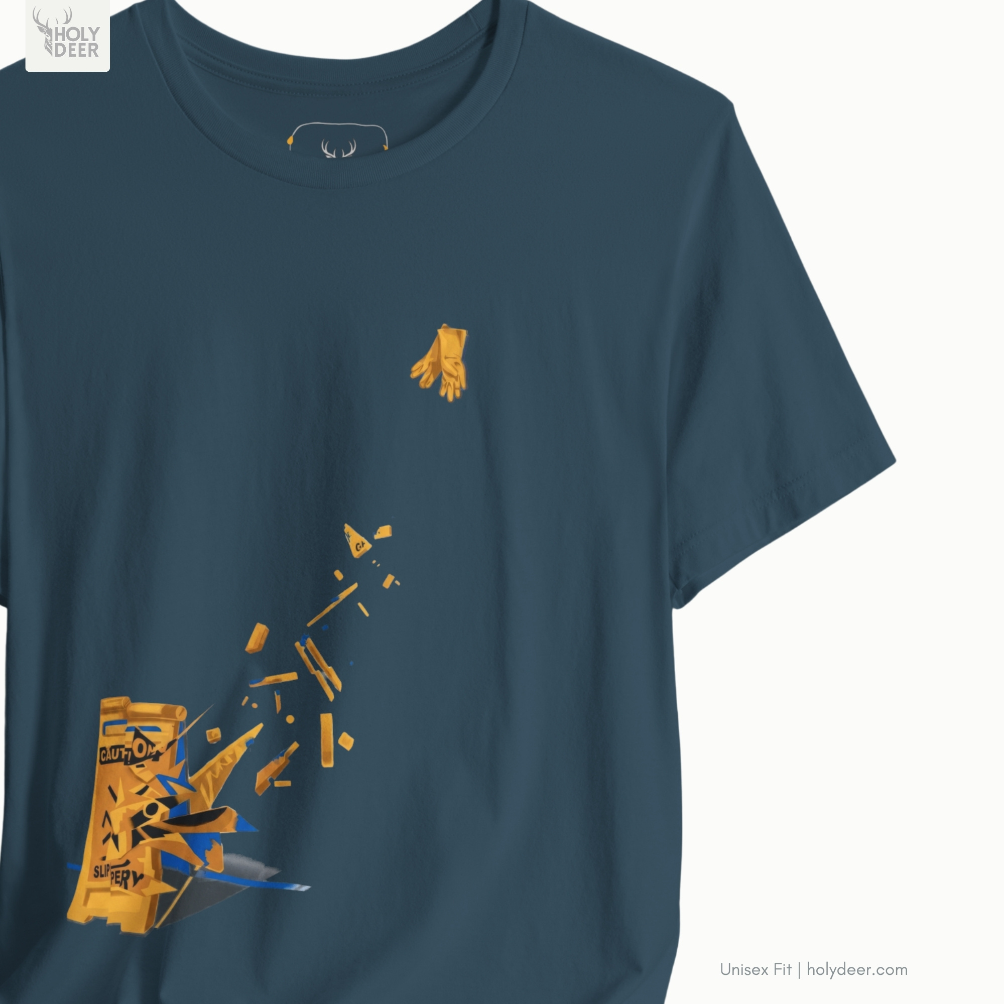 Minimalist white backdrop focusing heavily on the standalone silhouette of the Caution Sign Tee by Holydeer, proving it acts as a unique artist gift and an essential irony graphic tee piece.