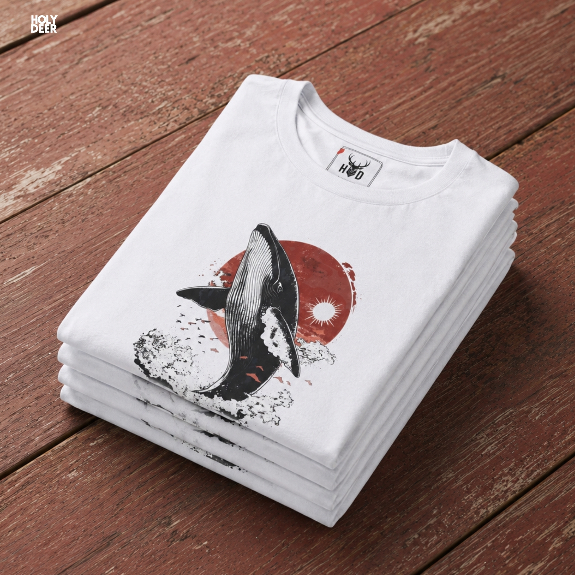 Angled perspective of the premium screen-printed Kanagawa Wave Tee, detailing the thick paint feel of the erupting sea foam layout and sharp whale tail lines, center layout placement, and the signature holydeer tee high-contrast design.