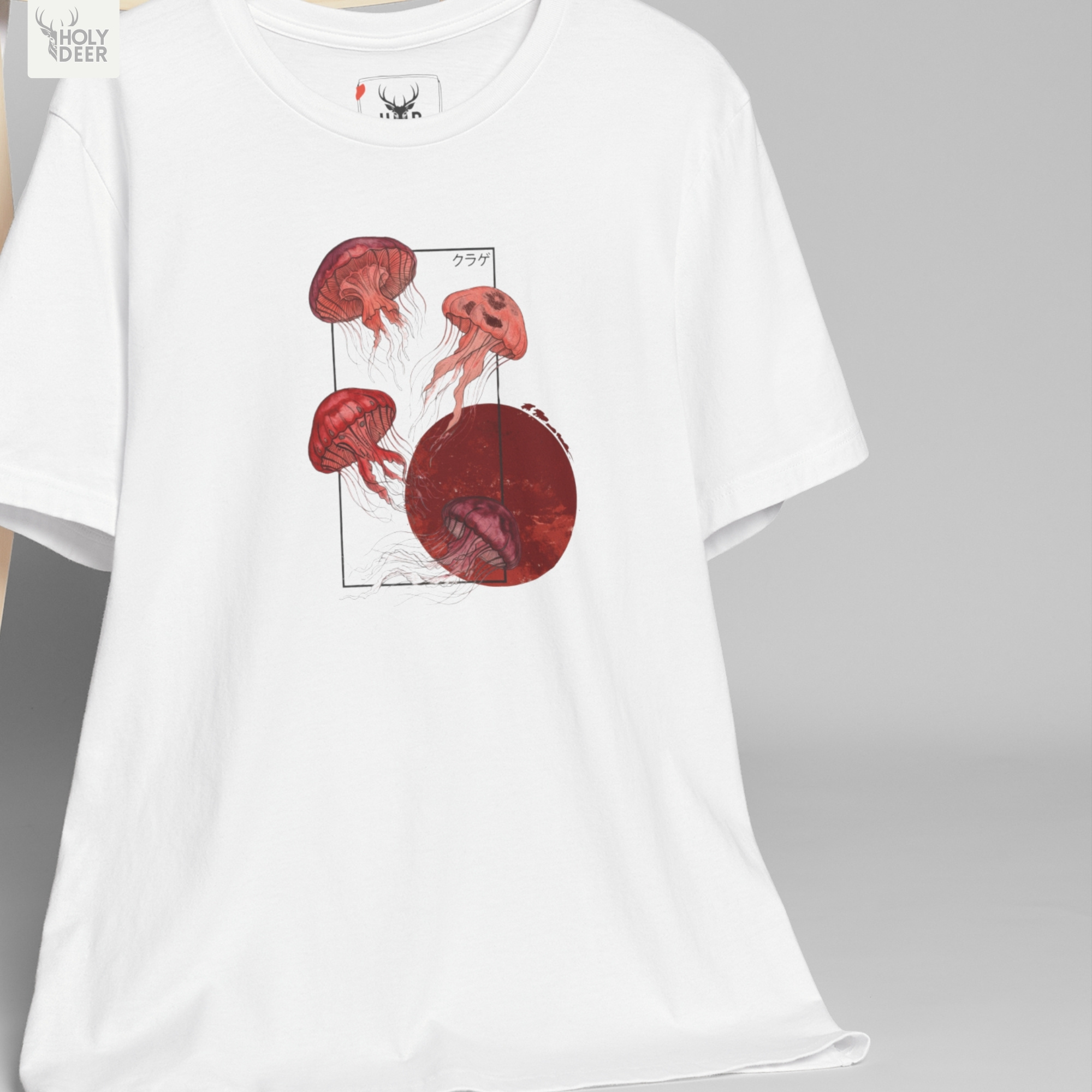 Modern brutalist industrial concrete wharf architecture outdoor lifestyle model wearing the centered Jellyfish T-Shirt from Holydeer Clothing, standing as a high-end japan graphic tee statement matching elite aesthetic ocean top trends.