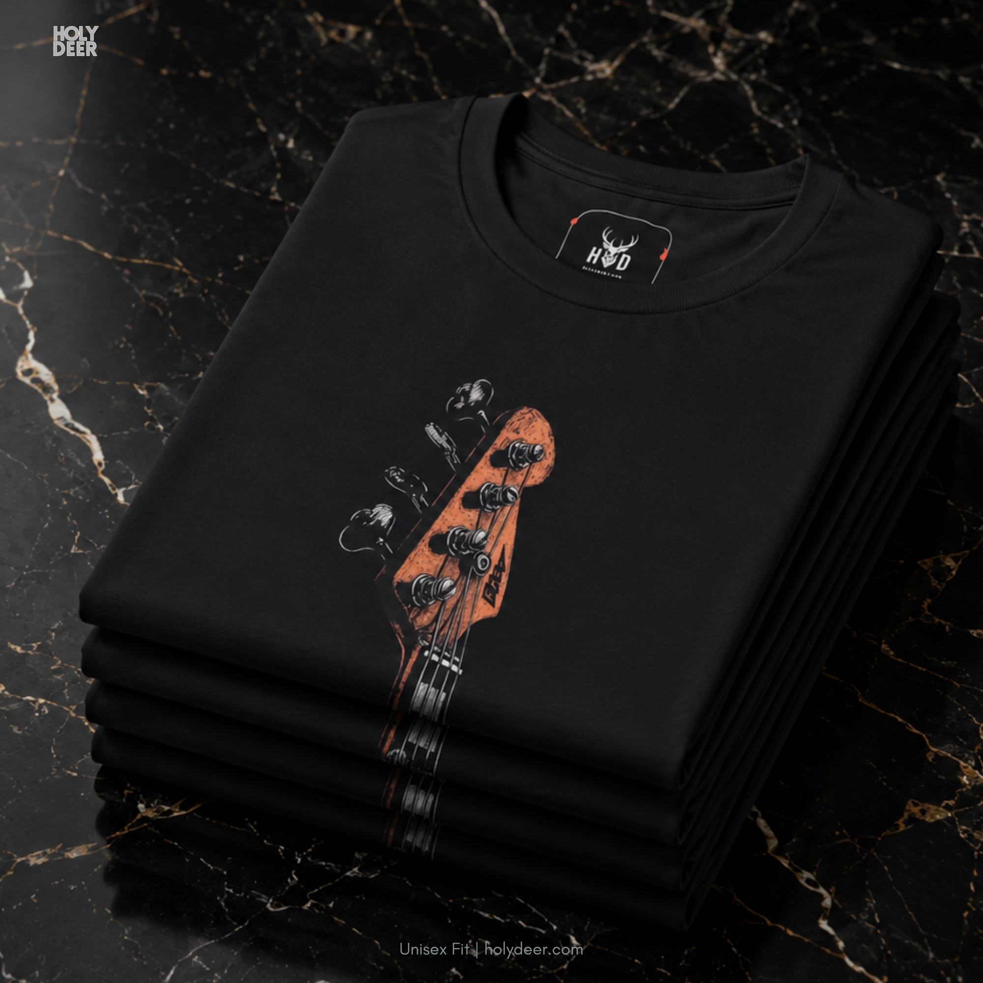 Professional flat lay photography of the Bass Guitar Tee by Holydeer Apparel, arranged alongside premium retro music apparel details and high-fidelity band merch design concept sketchbooks.
