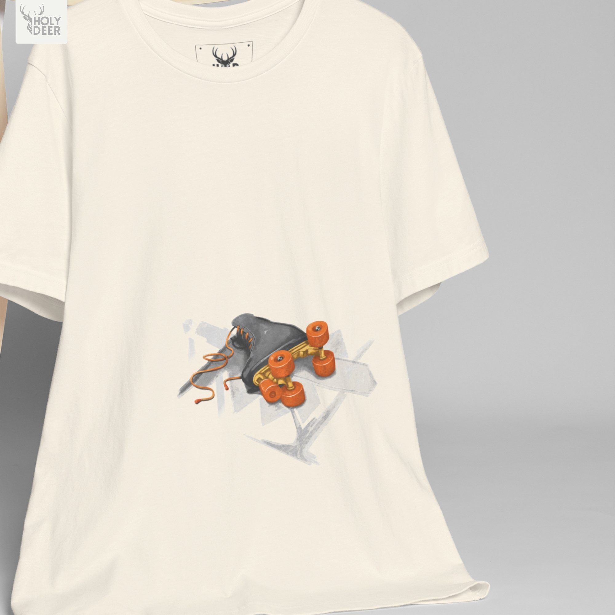 Detailed macro perspective displaying the curving orange thread path, realistic shadow drops, and fine textile eyelets on the roller derby gift panel.