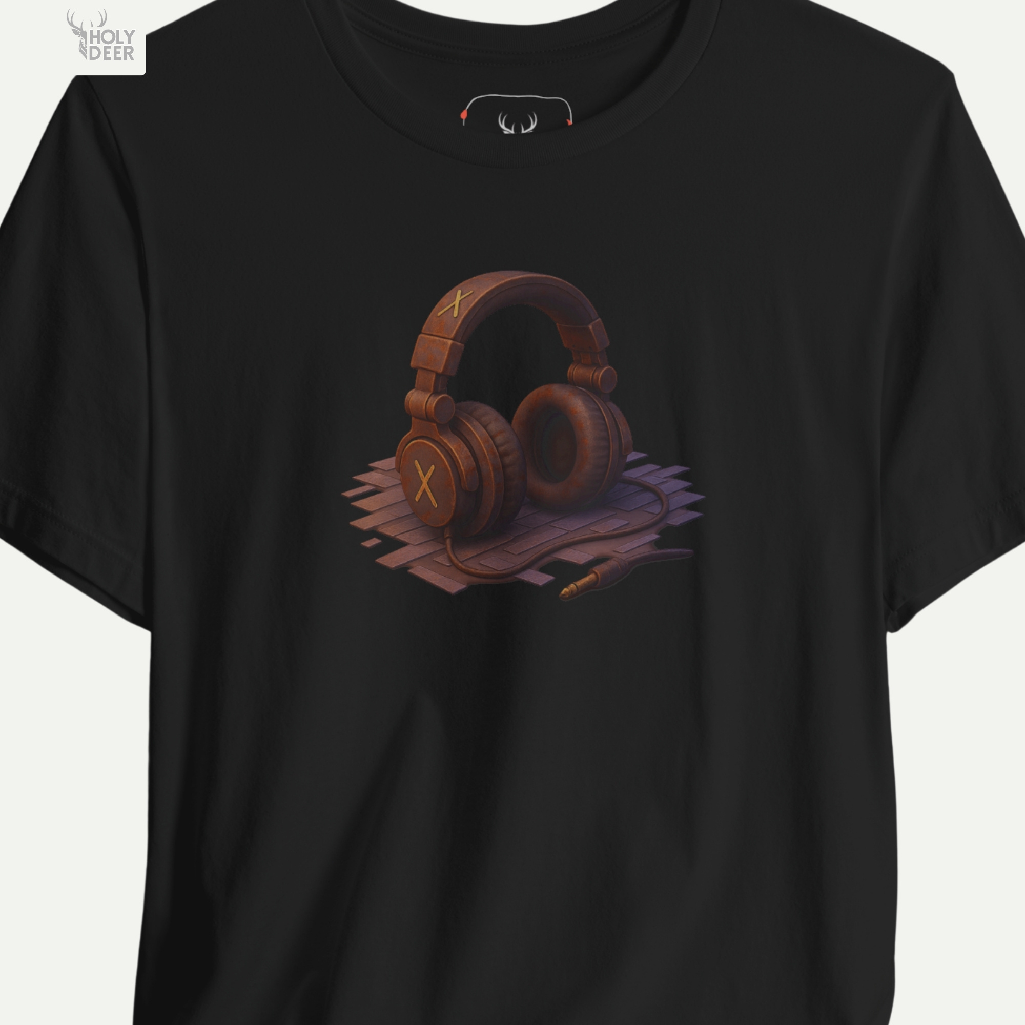 Technical close-up highlighting the spiraling dark thread path, gold-tipped adapter pin vector, and fine screen grain forming the lower section of the retro audio shirt print.