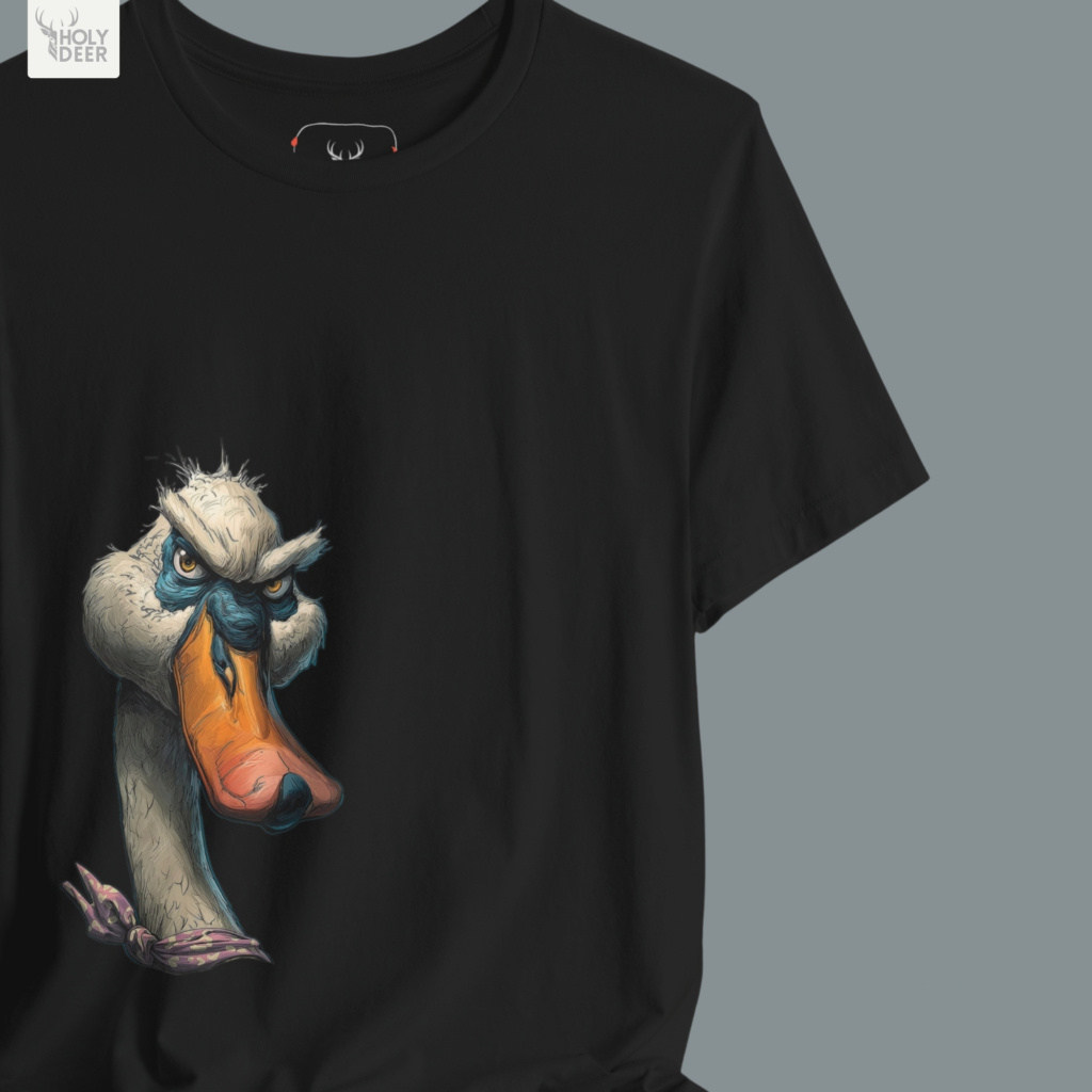Macro view of the Grumpy Duck Shirt print showcasing intricate cartoon sketch vibe lines, vibrant orange beak textures, and the raw artistic rendering crafted exclusively by Holydeer Streetwear.
