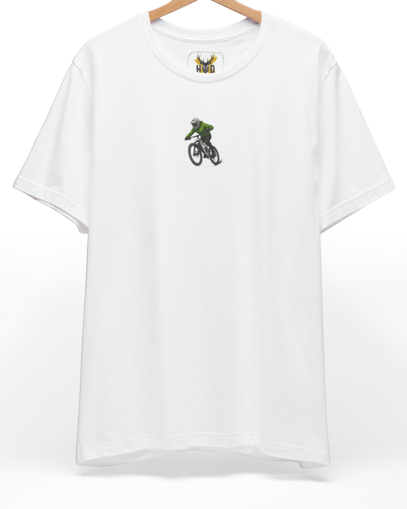 Studio frame of the mountain-bike-shirt-mtb-graphic-tee-downhill-bicycle.jpg item displaying the miniature green rider illustration on a pristine white apparel base.