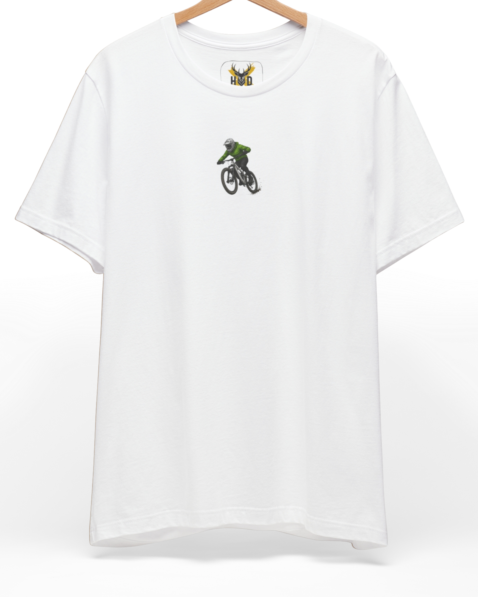 Studio frame of the mountain-bike-shirt-mtb-graphic-tee-downhill-bicycle.jpg item displaying the miniature green rider illustration on a pristine white apparel base.