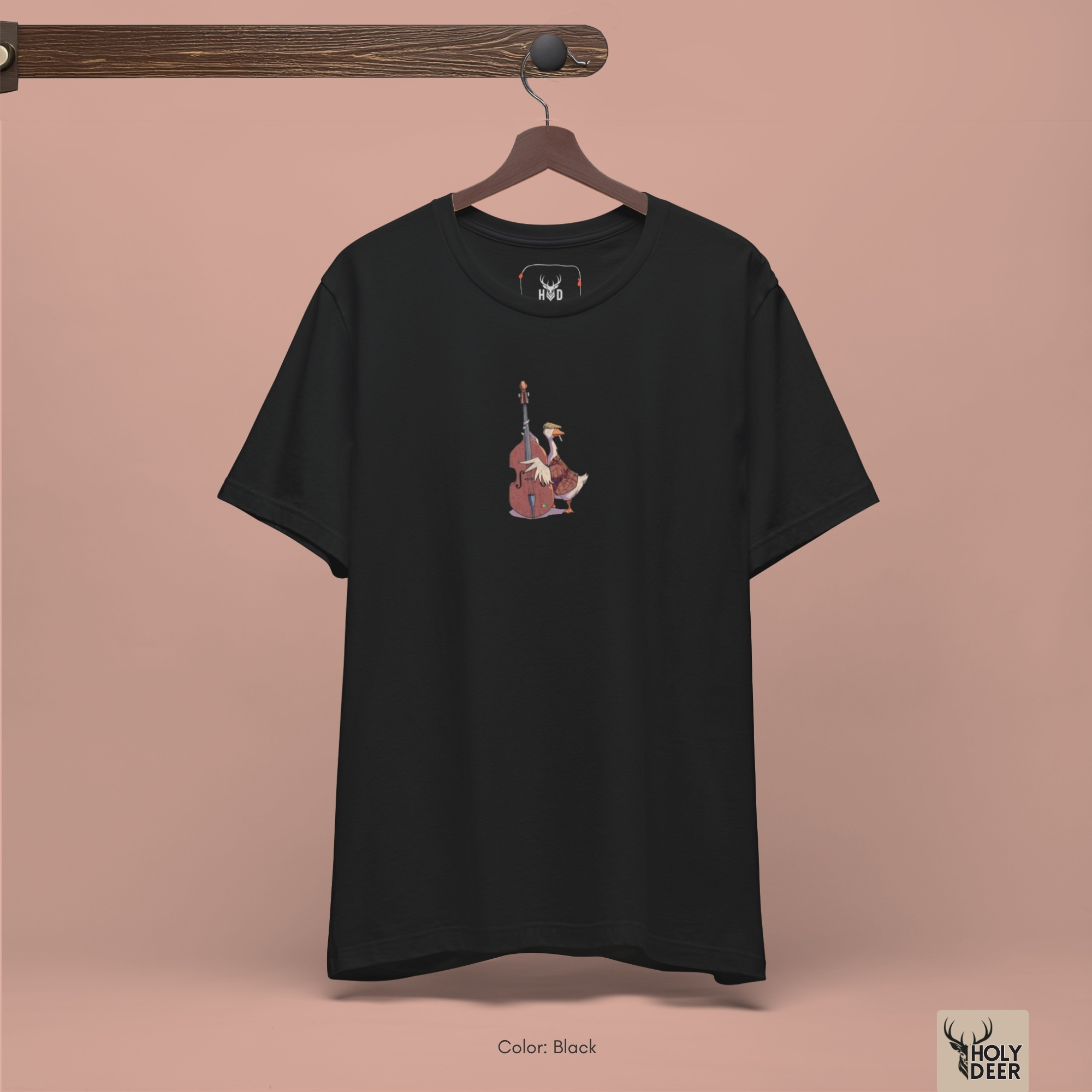 The iconic Musician Goose Top hanging cleanly on a luxury wood hanger, highlighting the robust neckline structure, crisp centered graphic layout flow, and the official holydeer.com retail tags.