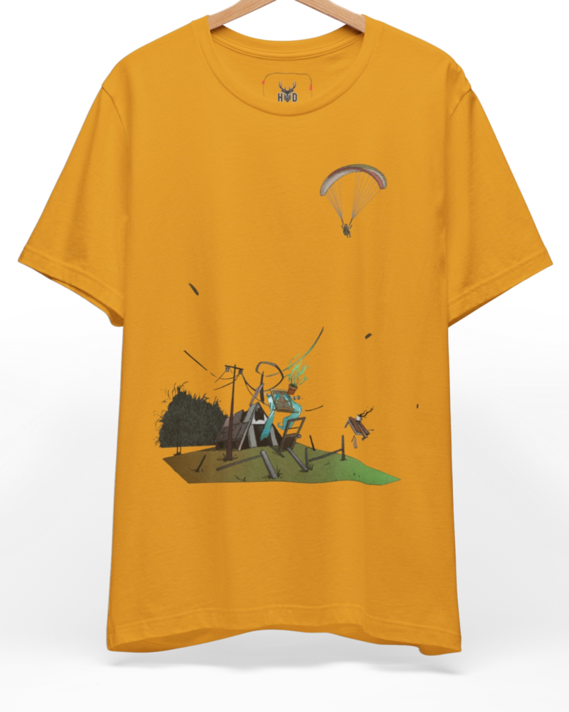 Premium Paragliding Tee displaying a high-detail minimalist illustration with a paraglider shirt flying over a storm chaser house explosion, designed by Holydeer Clothing for extreme sport top fans.