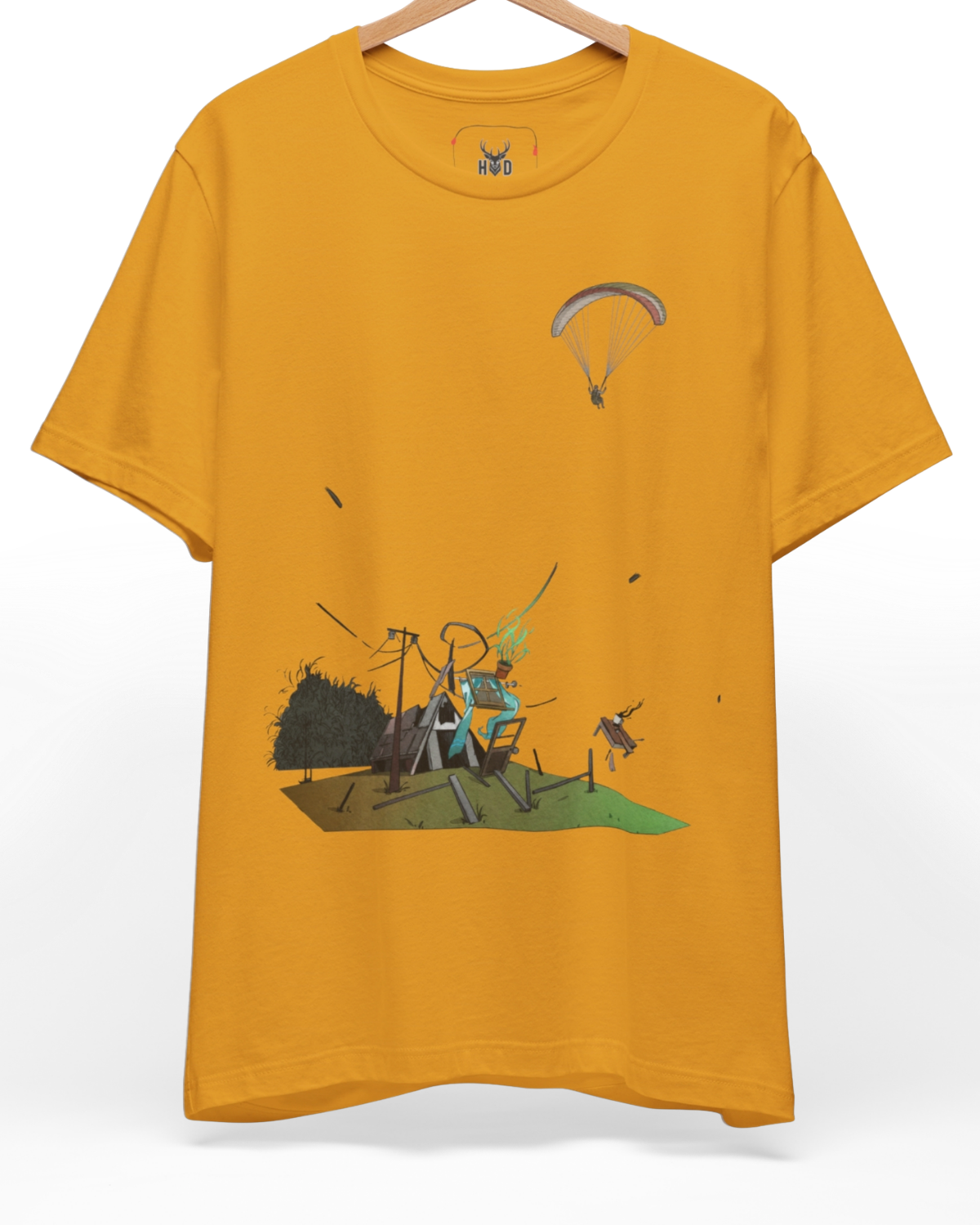 Premium Paragliding Tee displaying a high-detail minimalist illustration with a paraglider shirt flying over a storm chaser house explosion, designed by Holydeer Clothing for extreme sport top fans.