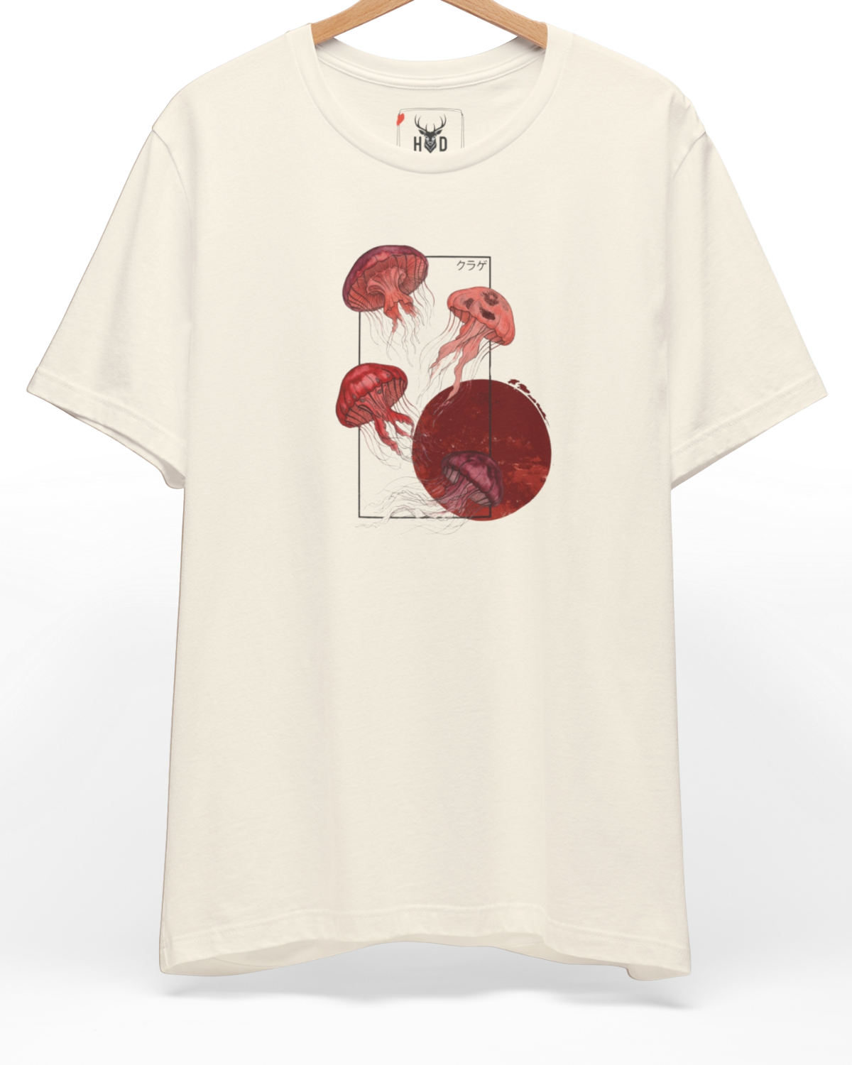 Premium Jellyfish T-Shirt displaying a unique retro japanese art design modern aesthetic ocean top layout on a natural cream backdrop, designed by Holydeer Clothing.