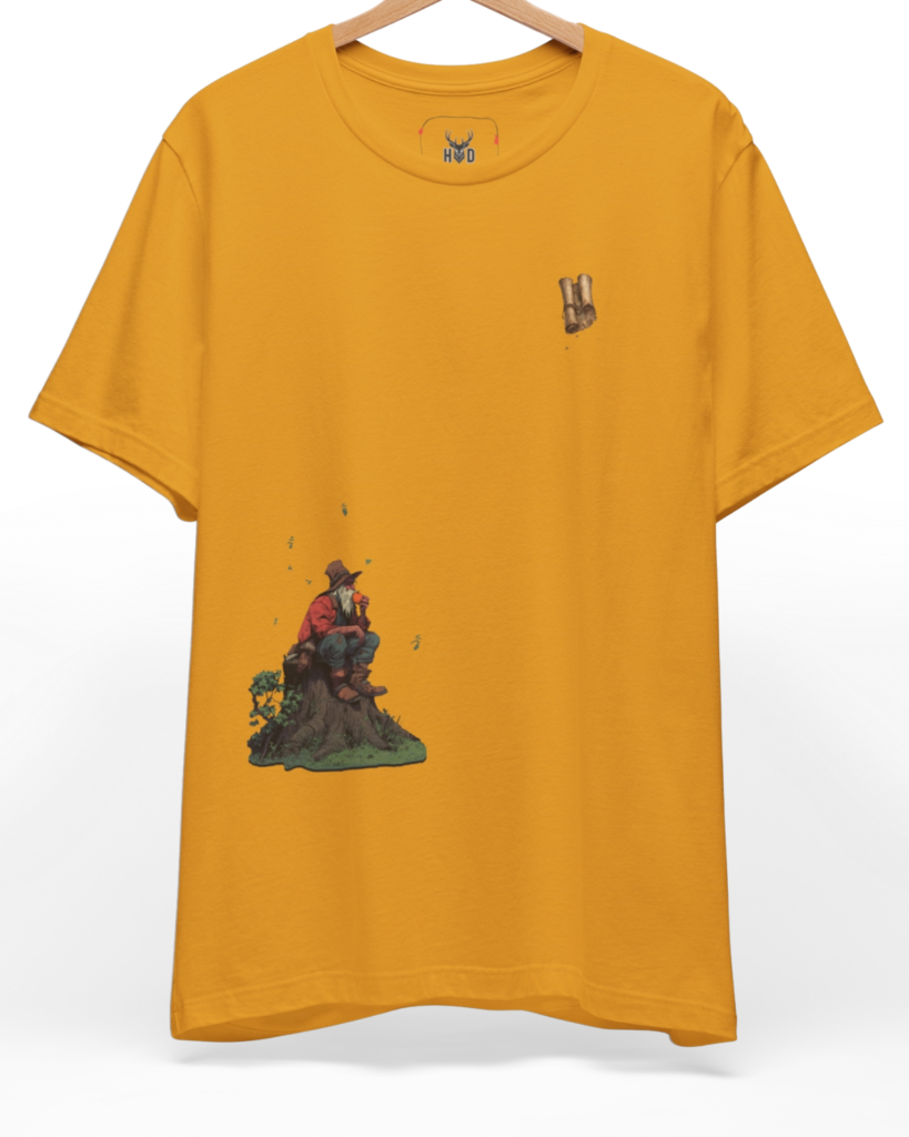 Premium Aesthetic Fantasy Storyteller Tee displaying a high-detail old wizard top and floating ancient scroll tee concept on a warm cream graphic tee layout, designed by Holydeer Clothing.