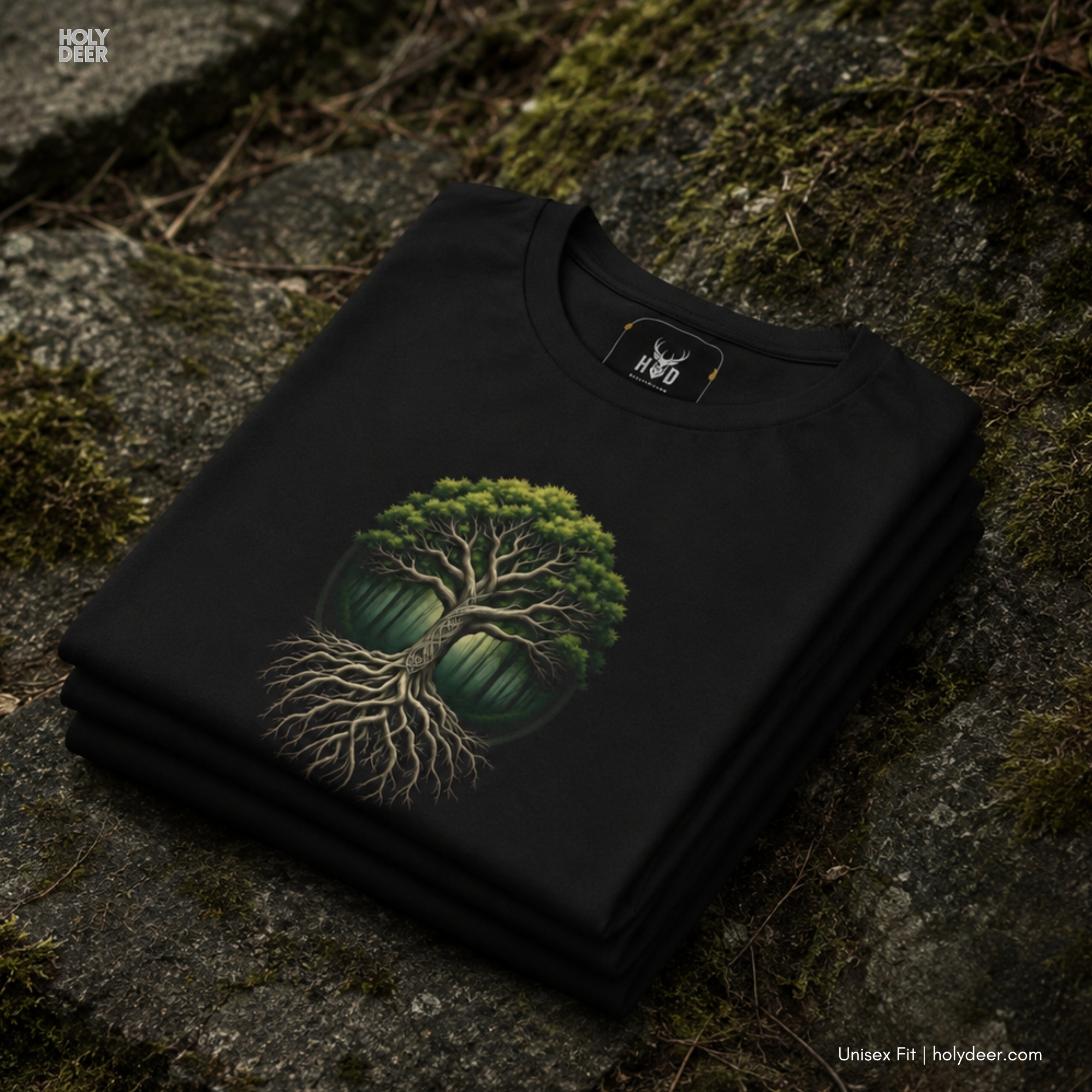 Microscopic inspection of the stylized wooden stem lines, twisting organic ridges, and fine shadow details forming the core trunk of the yggdrasil shirt.