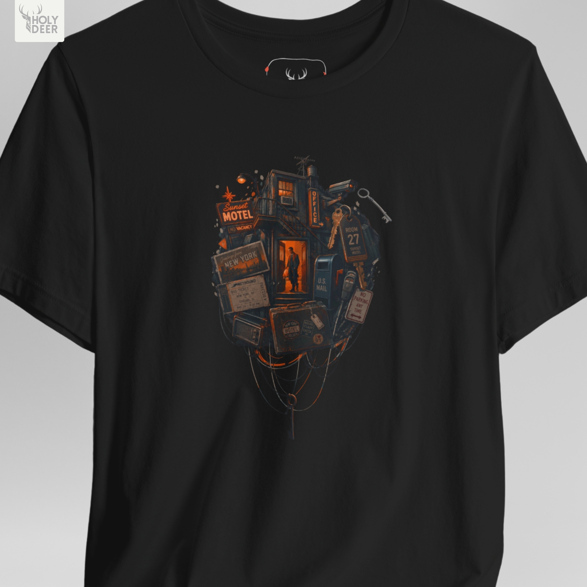Close up look at the inner neck print branding tag of the Cyberpunk Tee, authenticating it as genuine Holydeer Clothing, an elite indie creator wear item and premium synthwave apparel piece.