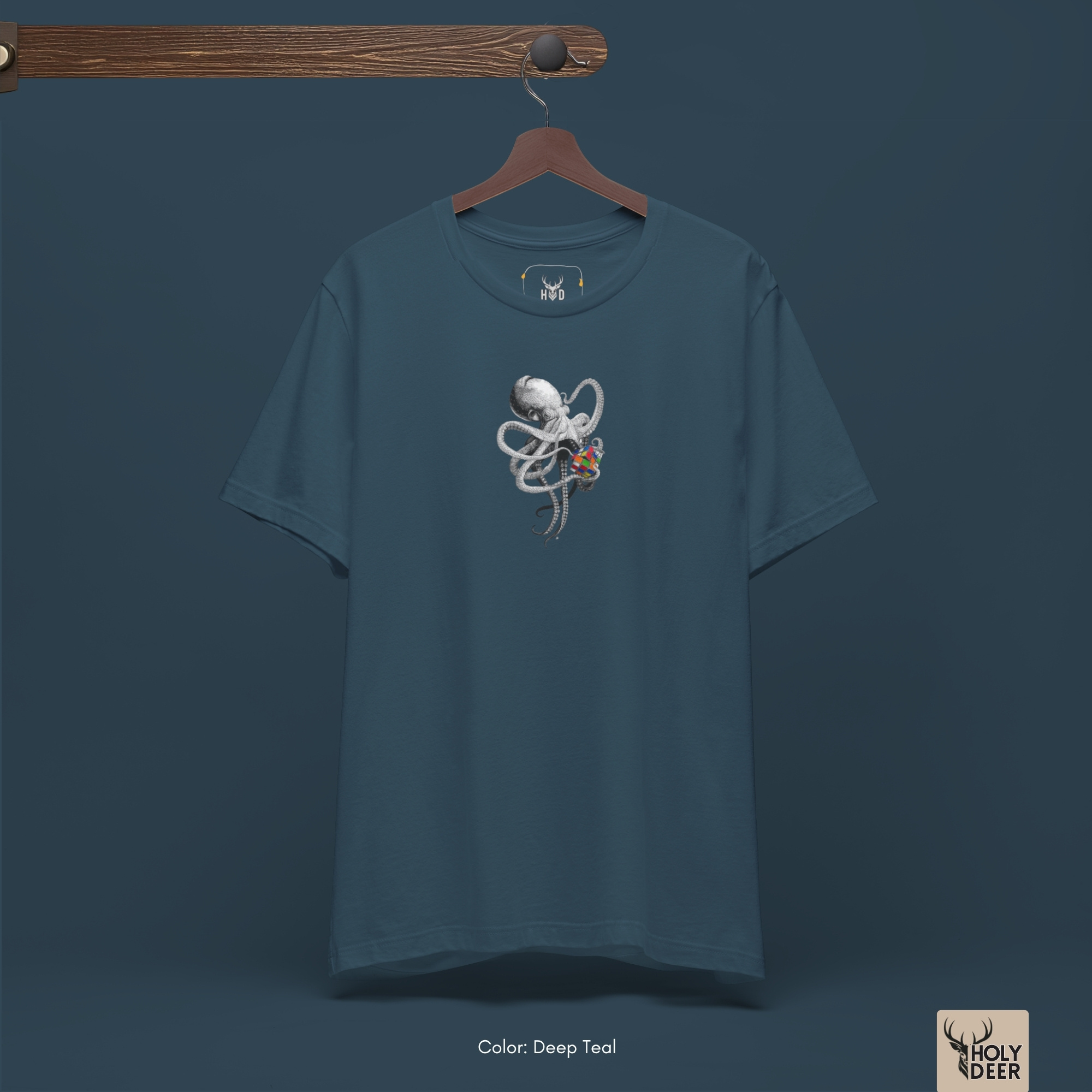 The iconic Smart Octopus Shirt hanging cleanly on a luxury wood hanger, highlighting the robust neckline structure, crisp centered color matrix breakthrough layout flow, and the official holydeer.com retail tags.