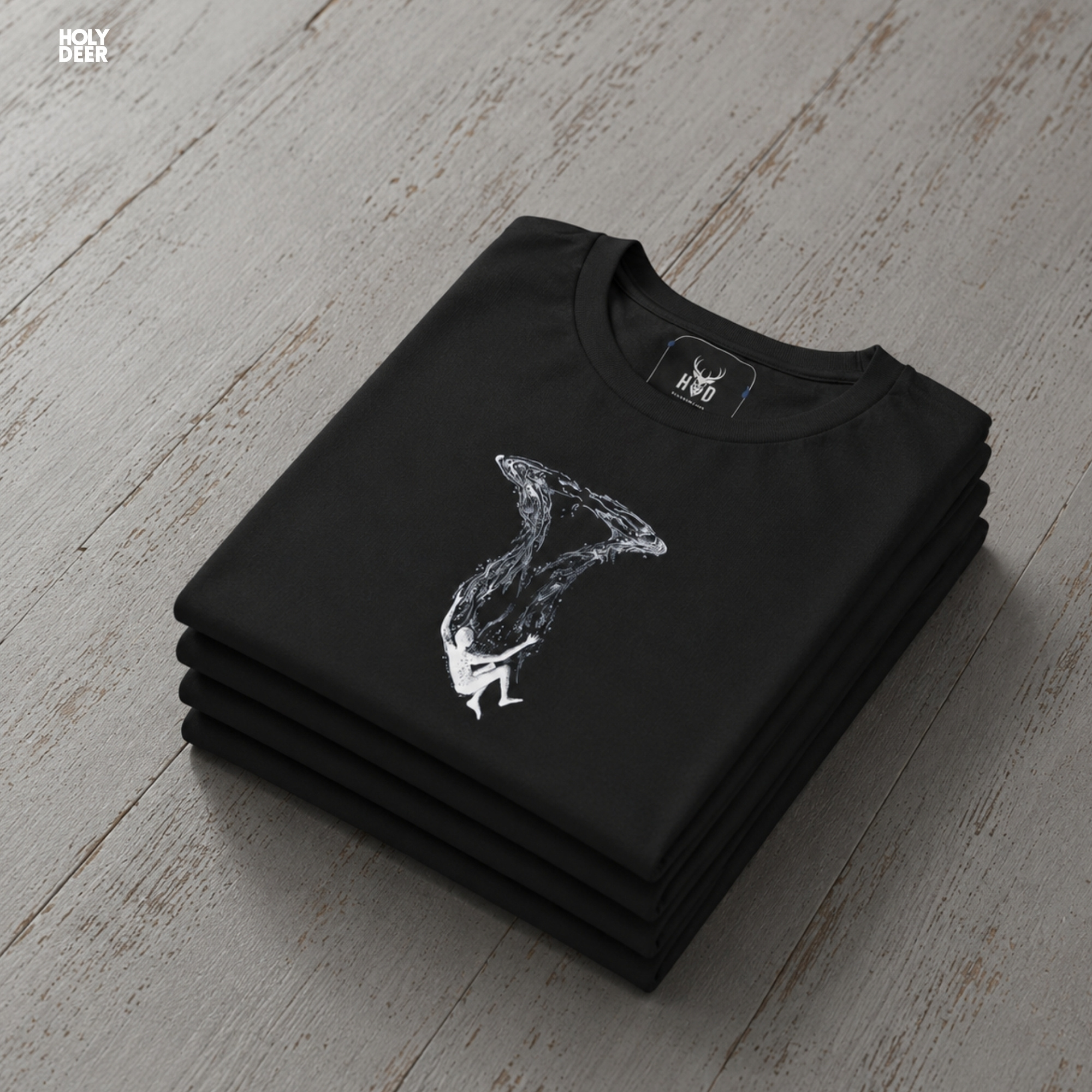 Abstract artistic lookbook frame manipulating deep fabric wrinkles and crisp side shadow blocks on the falling in water garment.