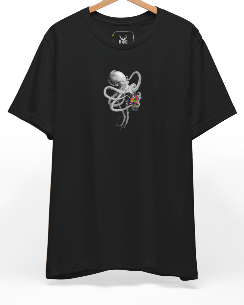 Premium Smart Octopus Shirt displaying a unique aesthetic animal art ideas puzzle style deep teal cotton studio holydeer layout on a deep teal top backdrop, designed by Holydeer Clothing.